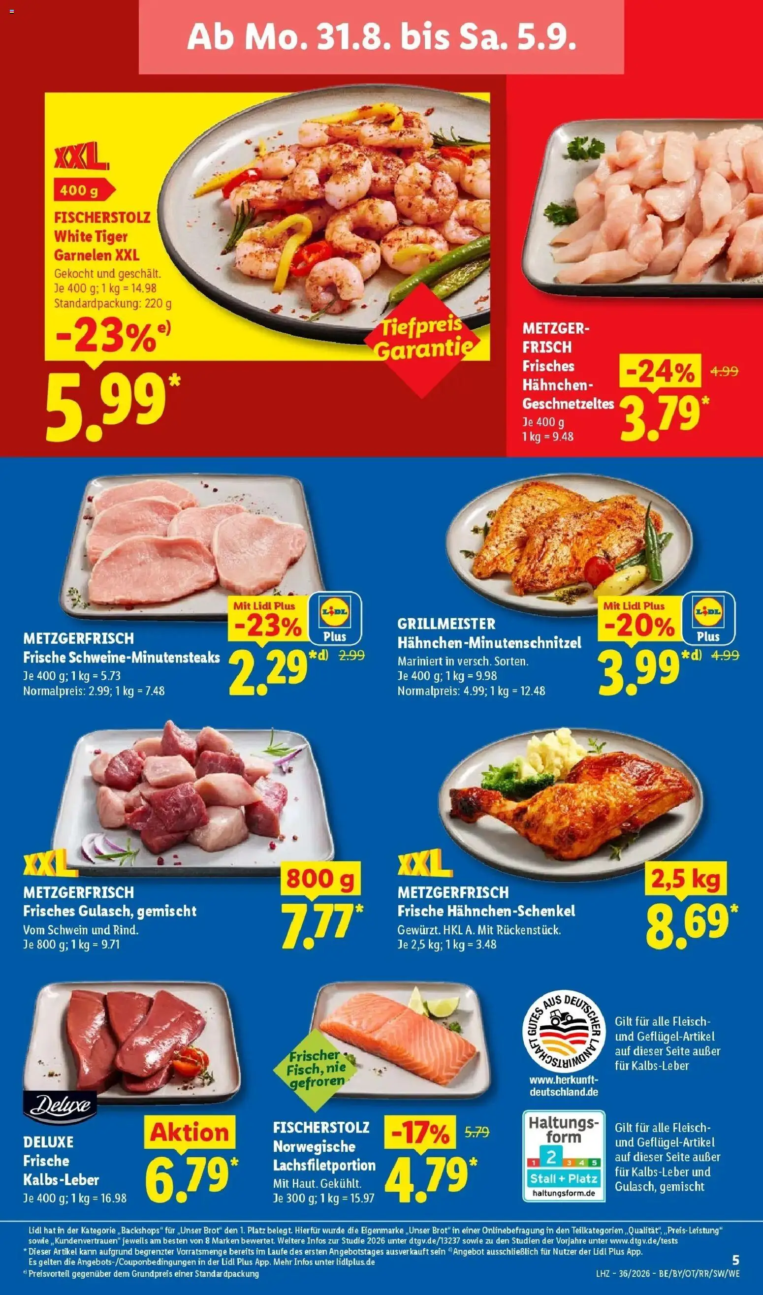 Lidl Prospekt Hof-innenstadt (ab 31.08.2026) zum Blättern » Angebote | Seite: 13 | Produkte: Hahnchen, Garnelen, Schnitzel, Brot