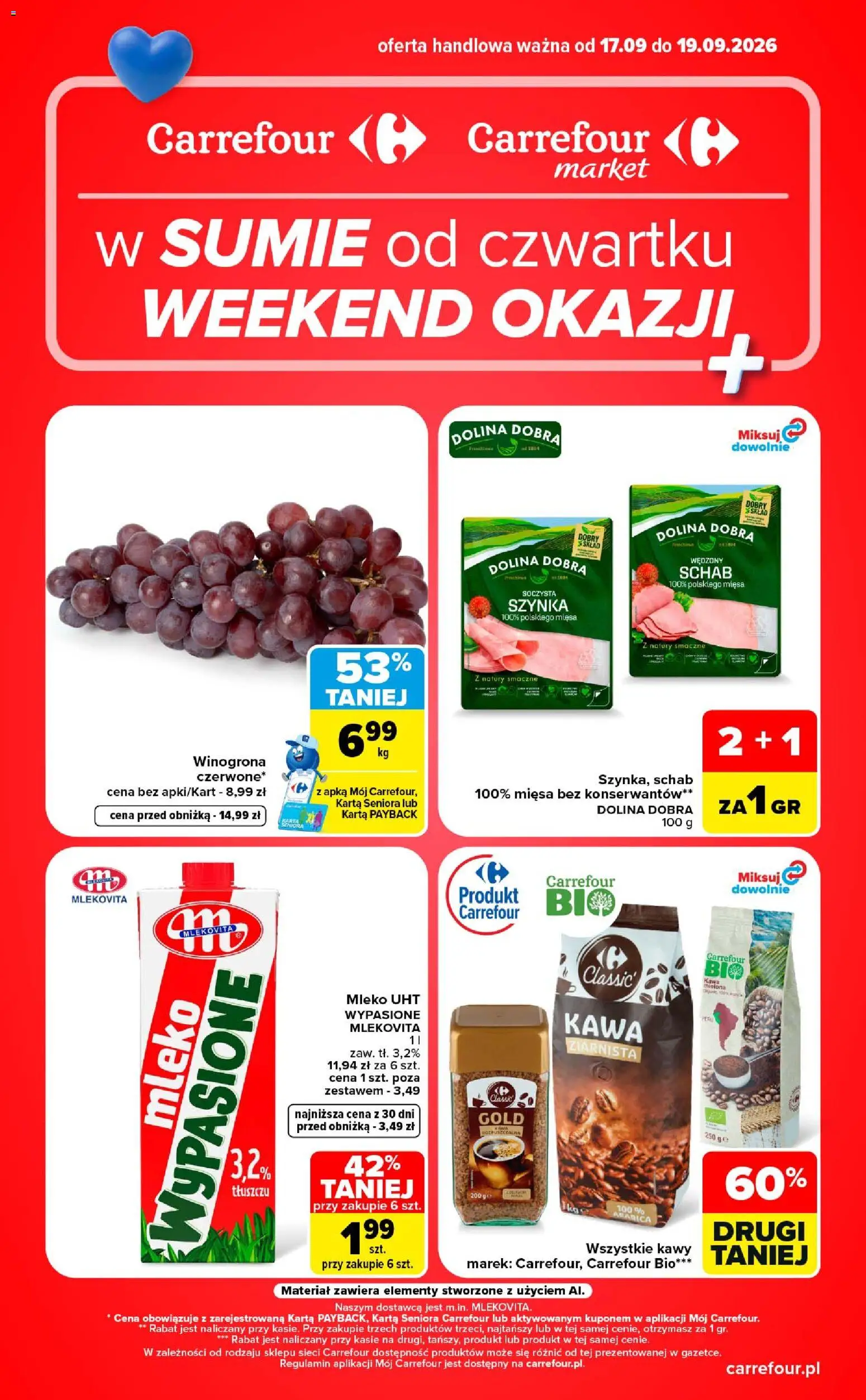 Carrefour gazetka - Weekend okazji od 17.09.2026 | Strona: 1 | Produkty: Karta, Szynka, Mleko, Kawa