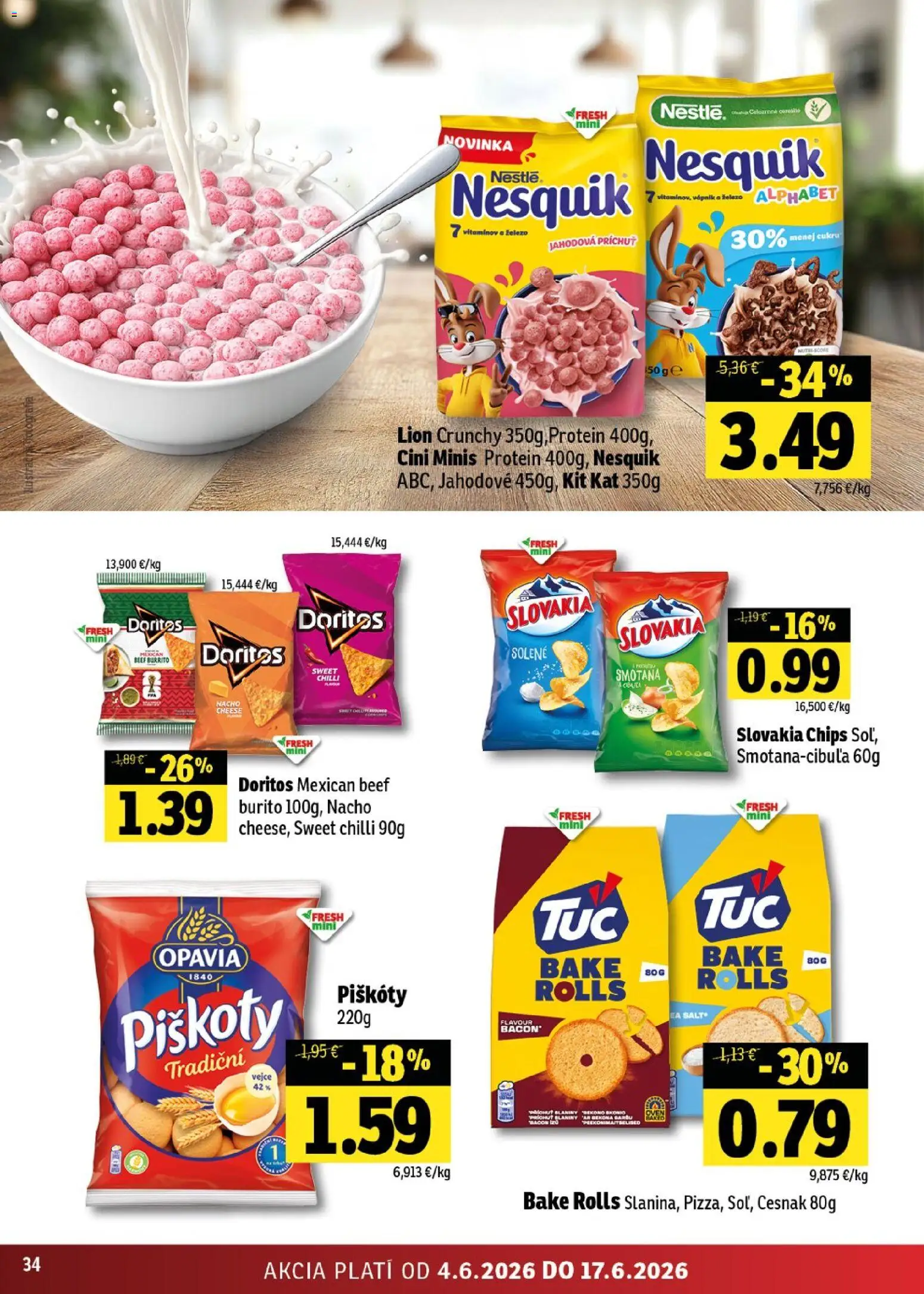 Nové Fresh akcie – leták je platný od 04.06.2026 | Strana: 34 | Produkty: Smotana, Protein, Cini Minis, Cesnak