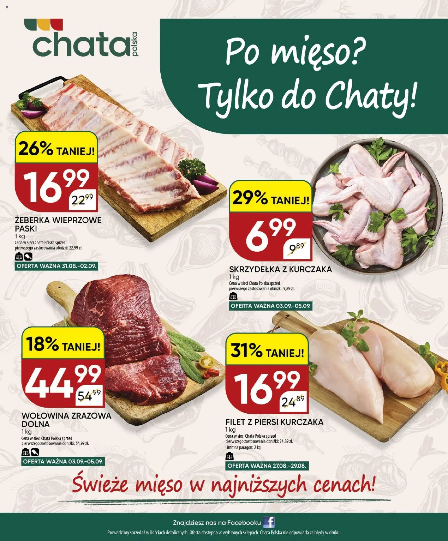 Chata Polska gazetka od 27.08.2026 | Strona: 20 | Produkty: Żeberka wieprzowe, Mięso, Filet z piersi kurczaka, Wołowina