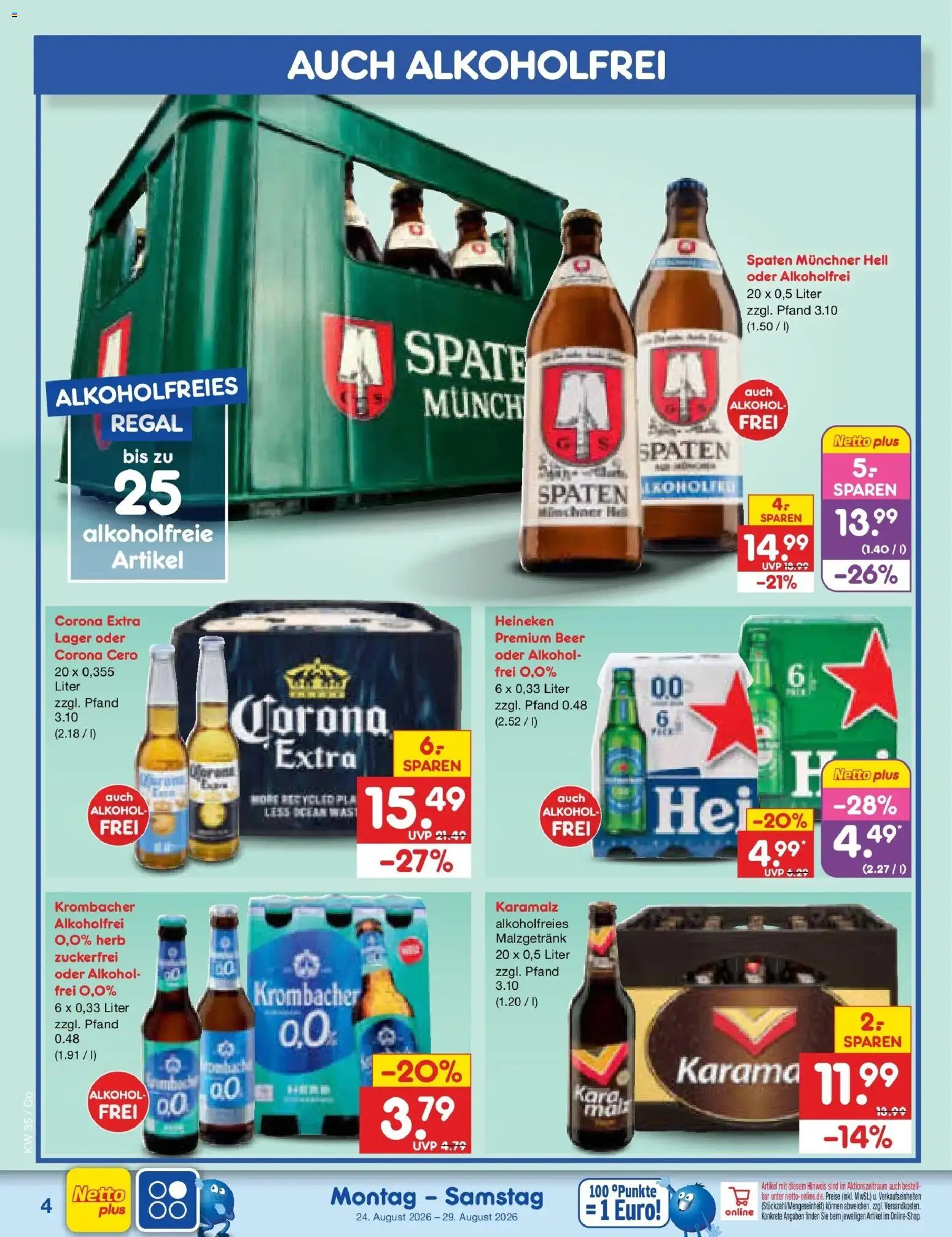 Netto Marken-Discount Prospekt Leipzig (ab 24.08.2026) » Angebote | Seite: 4 | Produkte: Regal, Heineken, Alkohol, Krombacher
