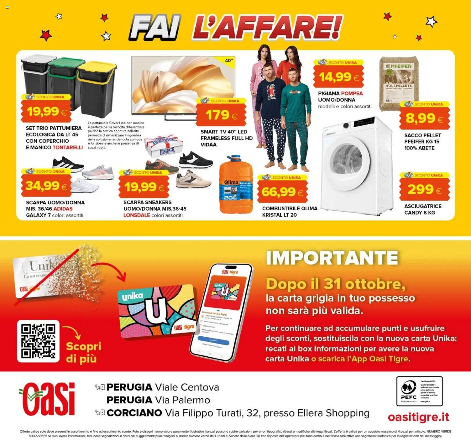 Volantino Oasi del 08/10/2026 | Pagina: 24 | Prodotti: Pellet, Sneakers, TV, Pattumiera