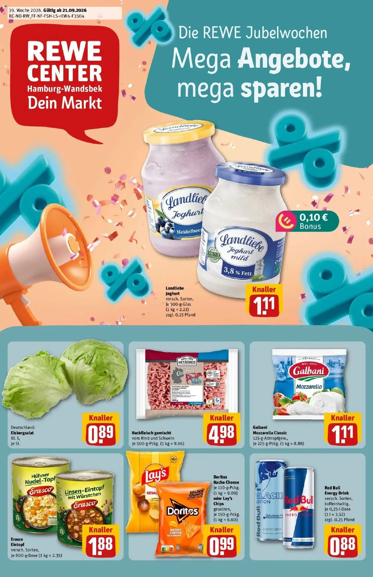 REWE Prospekt ab 21.09.2026 zum Blättern » Angebote | Seite: 1 | Produkte: Red bull, Joghurt, Mozzarella, Eisbergsalat