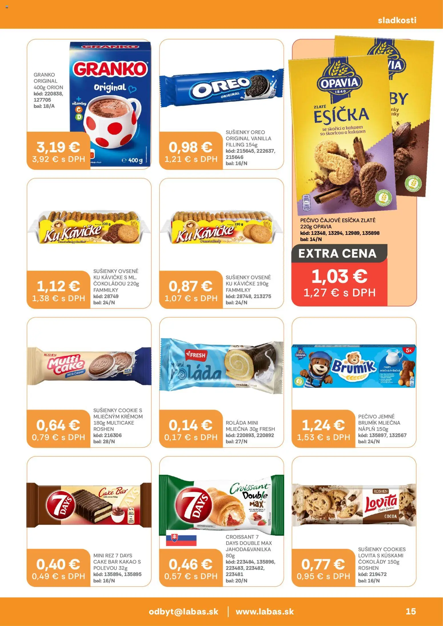 Nové Labaš akcie – leták je platný od 25.08.2026 | Strana: 15 | Produkty: Oreo, Granko, Pečivo, Kakao