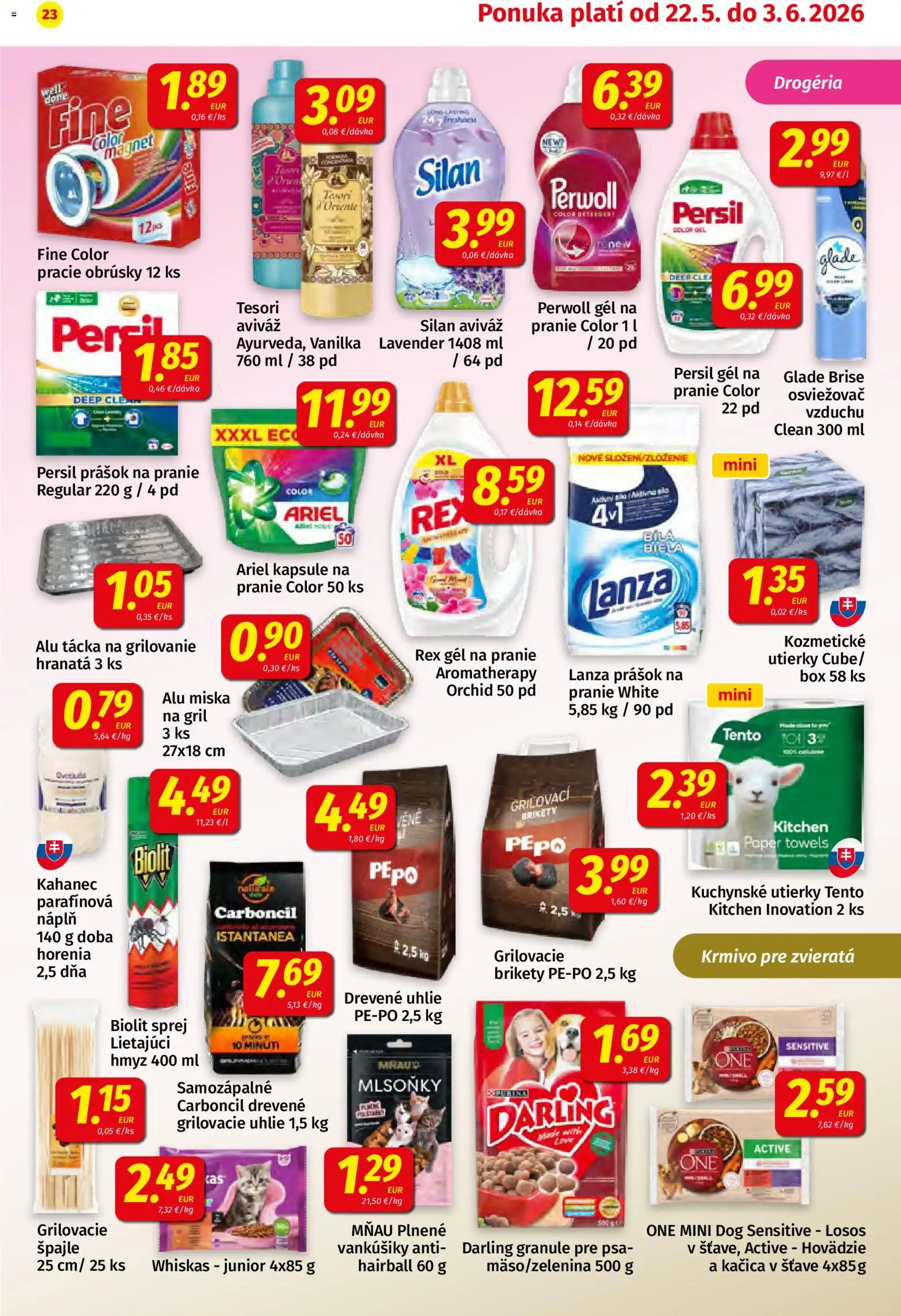 Nové Koruna akcie – leták je platný od 22.05.2026 | Strana: 23 | Produkty: Gril, Osviežovač vzduchu, Darling granule, Perwoll