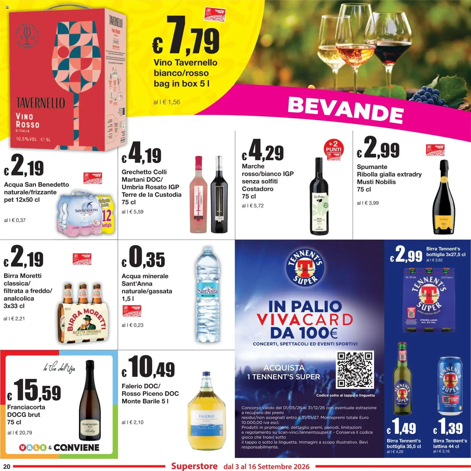 Volantino Sì con Te del 03/09/2026 | Pagina: 20 | Prodotti: Tennent's Super, Birra Moretti, Acqua minerale, Vino rosso