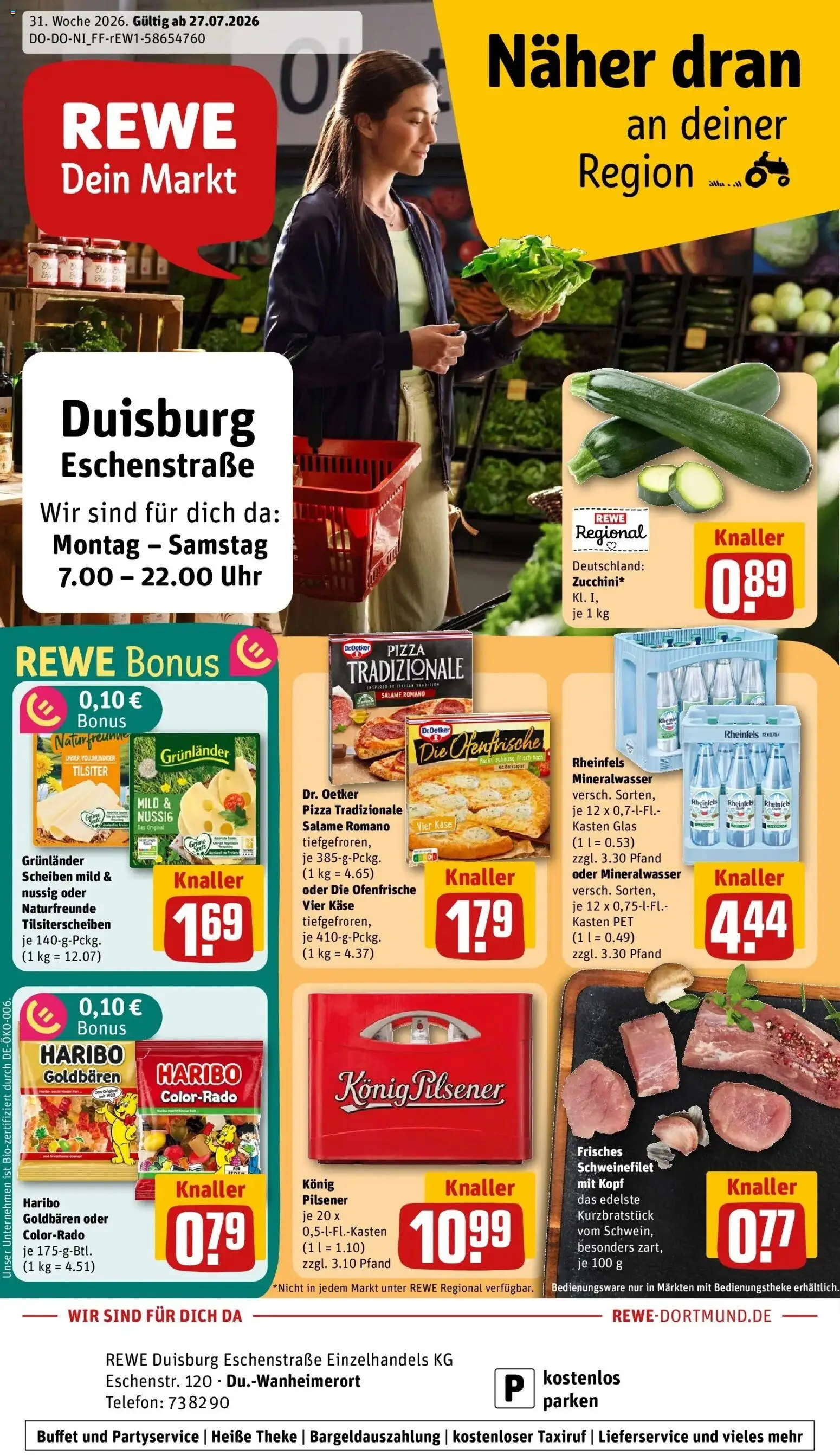 Rewe Prospekt Duisburg – gültig ab 27.07.2026 | Seite: 1 | Produkte: Käse, Theke, Mineralwasser, Uhr