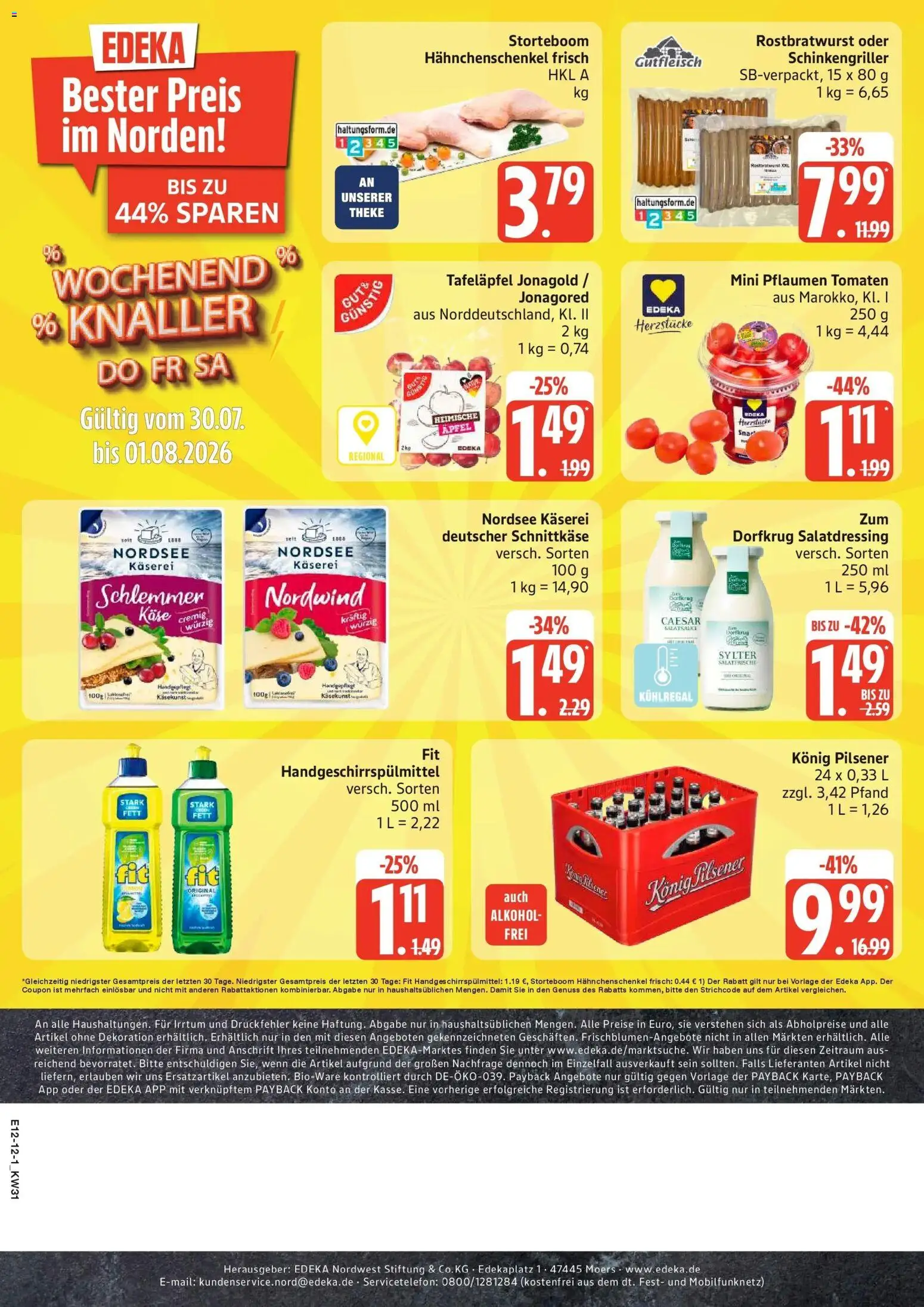 Edeka Prospekt Norderstedt – gültig ab 27.07.2026 | Seite: 12 | Produkte: Pflaumen, Konig pilsener, Hahnchenschenkel, Tomaten