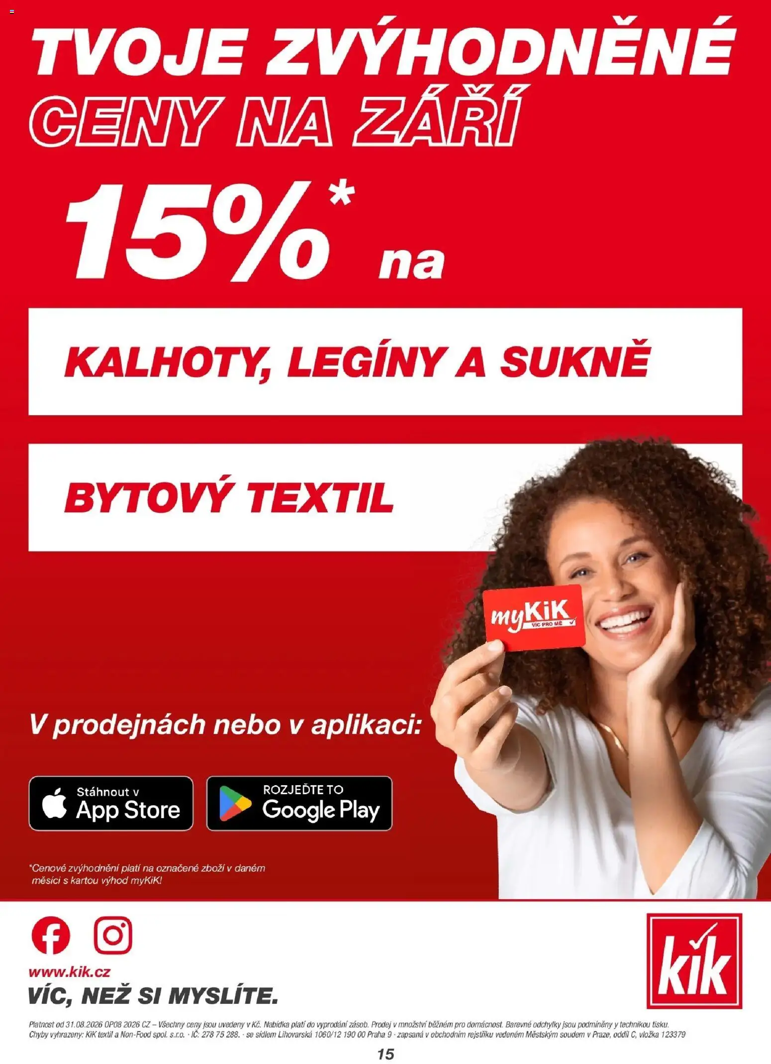 KIK leták 28.08.2026 - Leták příští týden | Strana: 15 | Produkty: Sukně, Legíny
