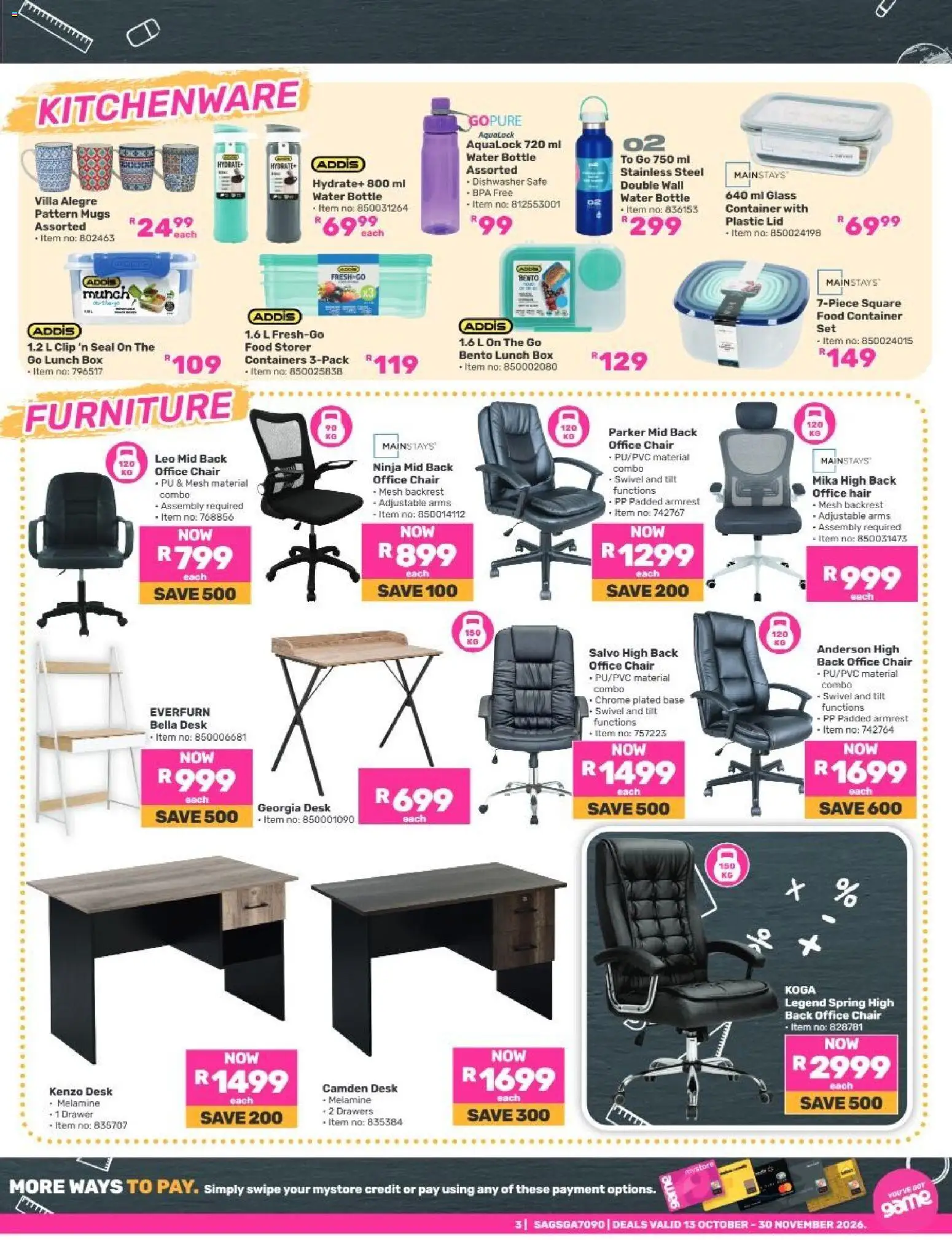 New Game catalogue – valid from 13/10/2026 | Page: 3 | Products: Desk, Chair, Box, Water