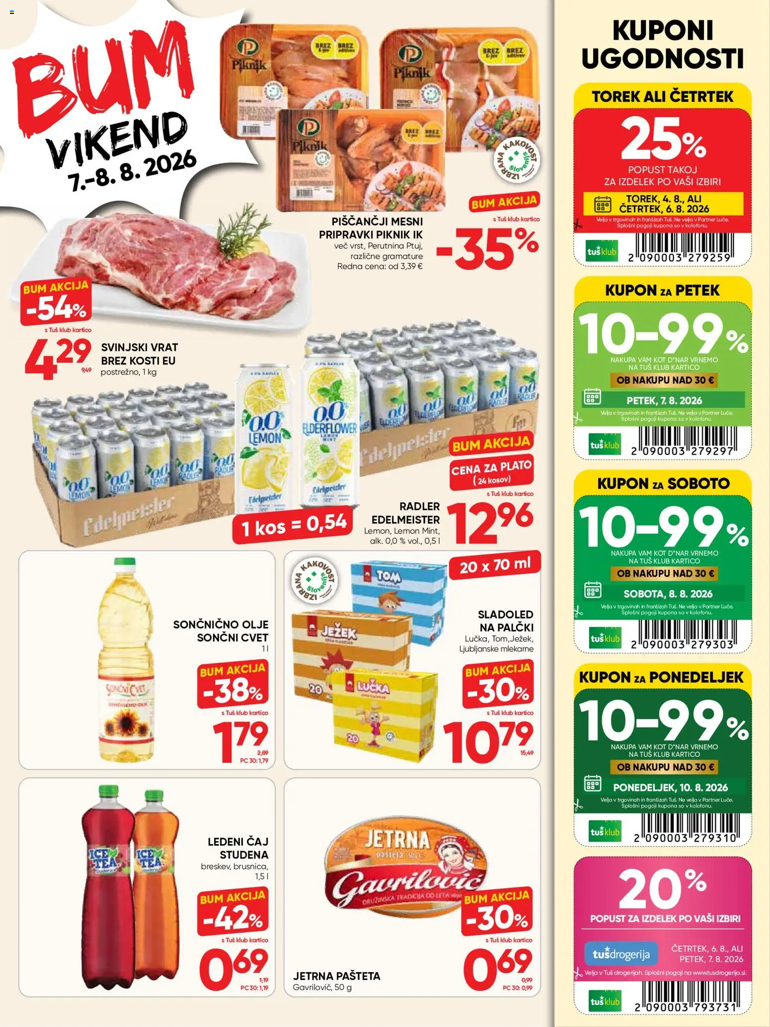 Novi Tuš katalog ponudbe – veljaven od 05.08.2026 | Stran: 24 | Izdelki: Pašteta, Kos, Olje, Caj