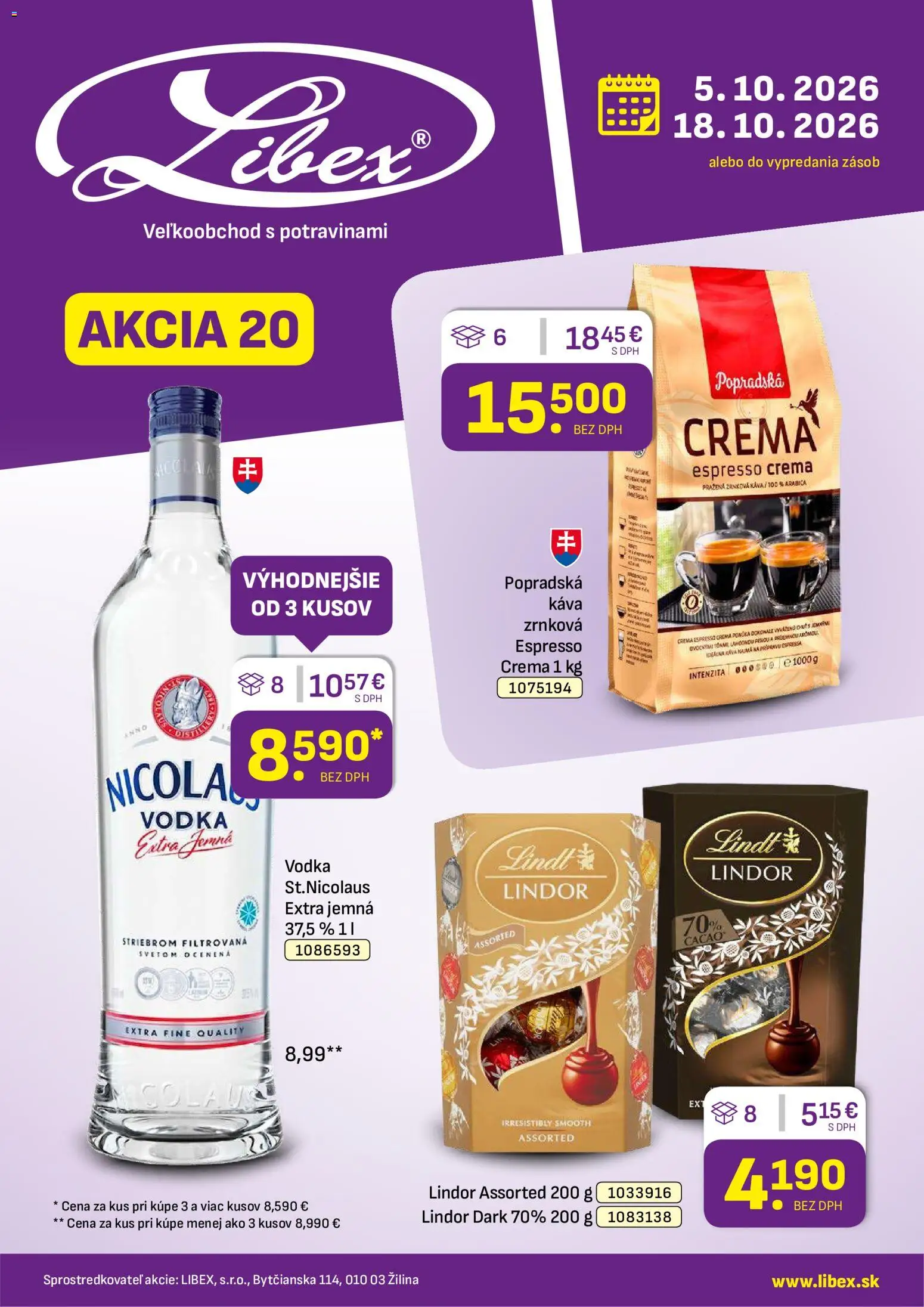 Nové Libex akcie – leták je platný od 05.10.2026 | Strana: 1 | Produkty: Lindor, Lindt, Vodka, Zrnková káva