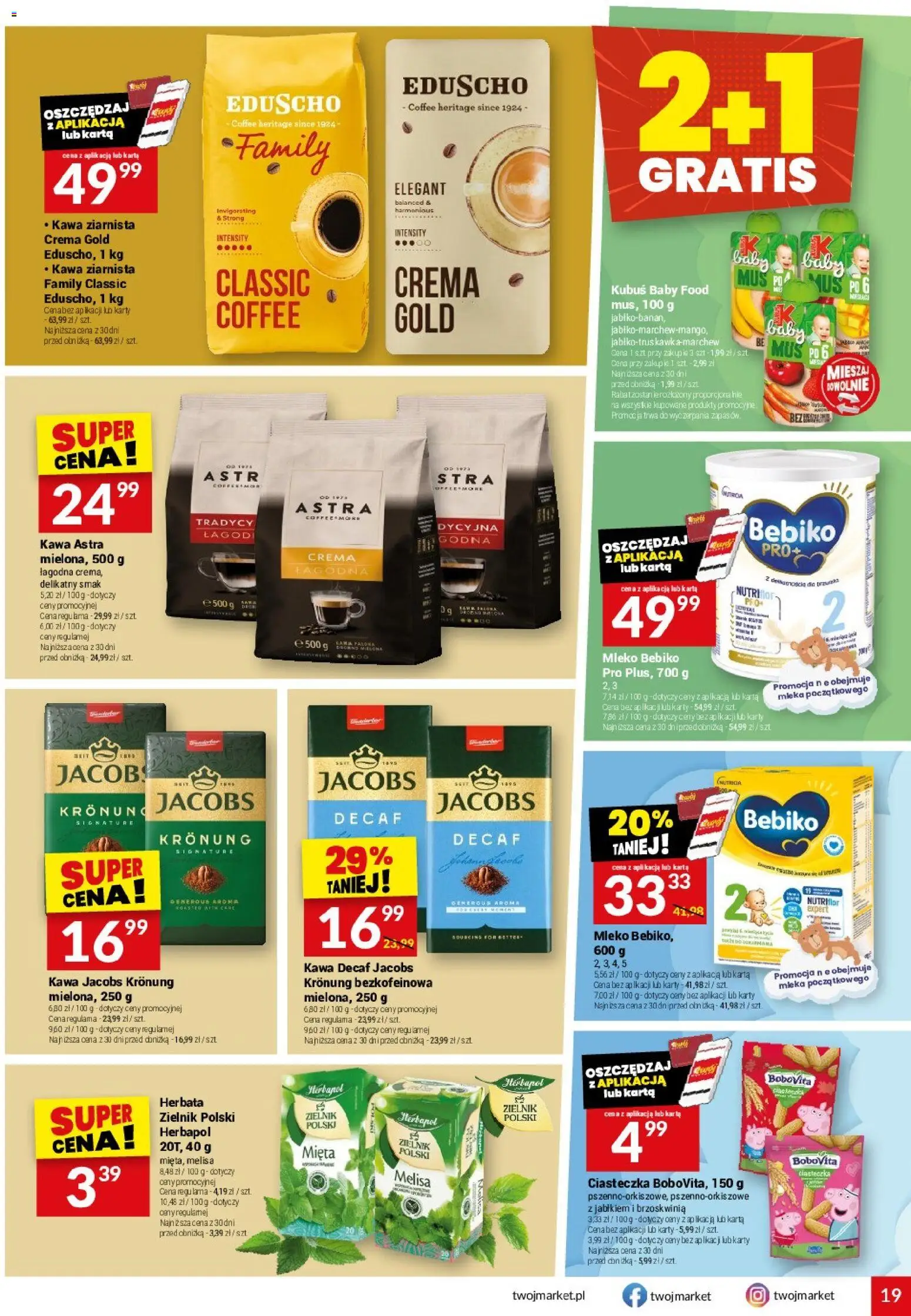 Twój Market gazetka od 15.07.2026 | Strona: 19 | Produkty: Mleko Bebiko, Kawa jacobs, Kawa ziarnista, Melisa