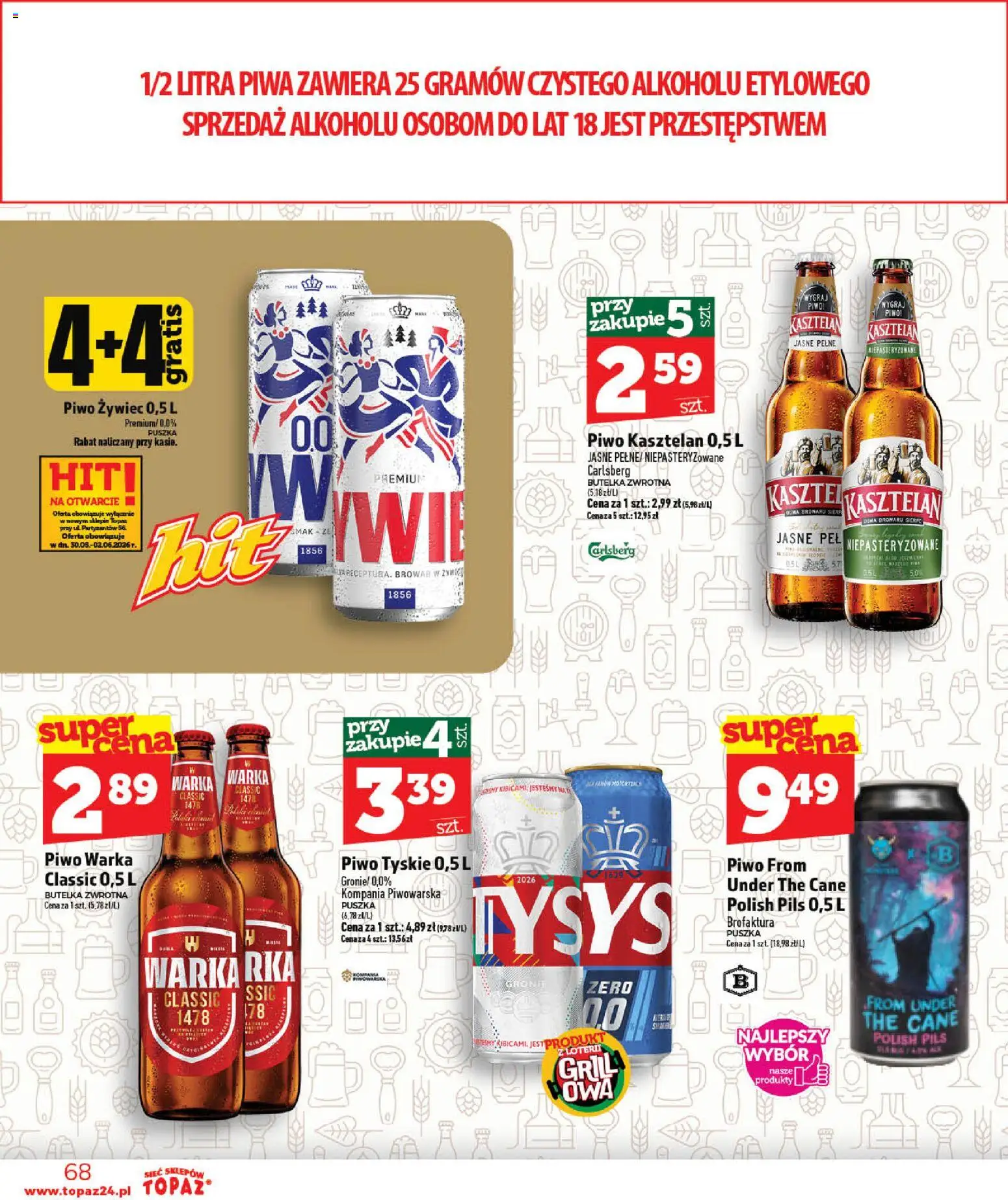 Topaz gazetka - Otwarcie Stoczek Łukowski od 30.05.2026 | Strona: 68 | Produkty: Grill, Piwo Warka, Tyskie, Piwo