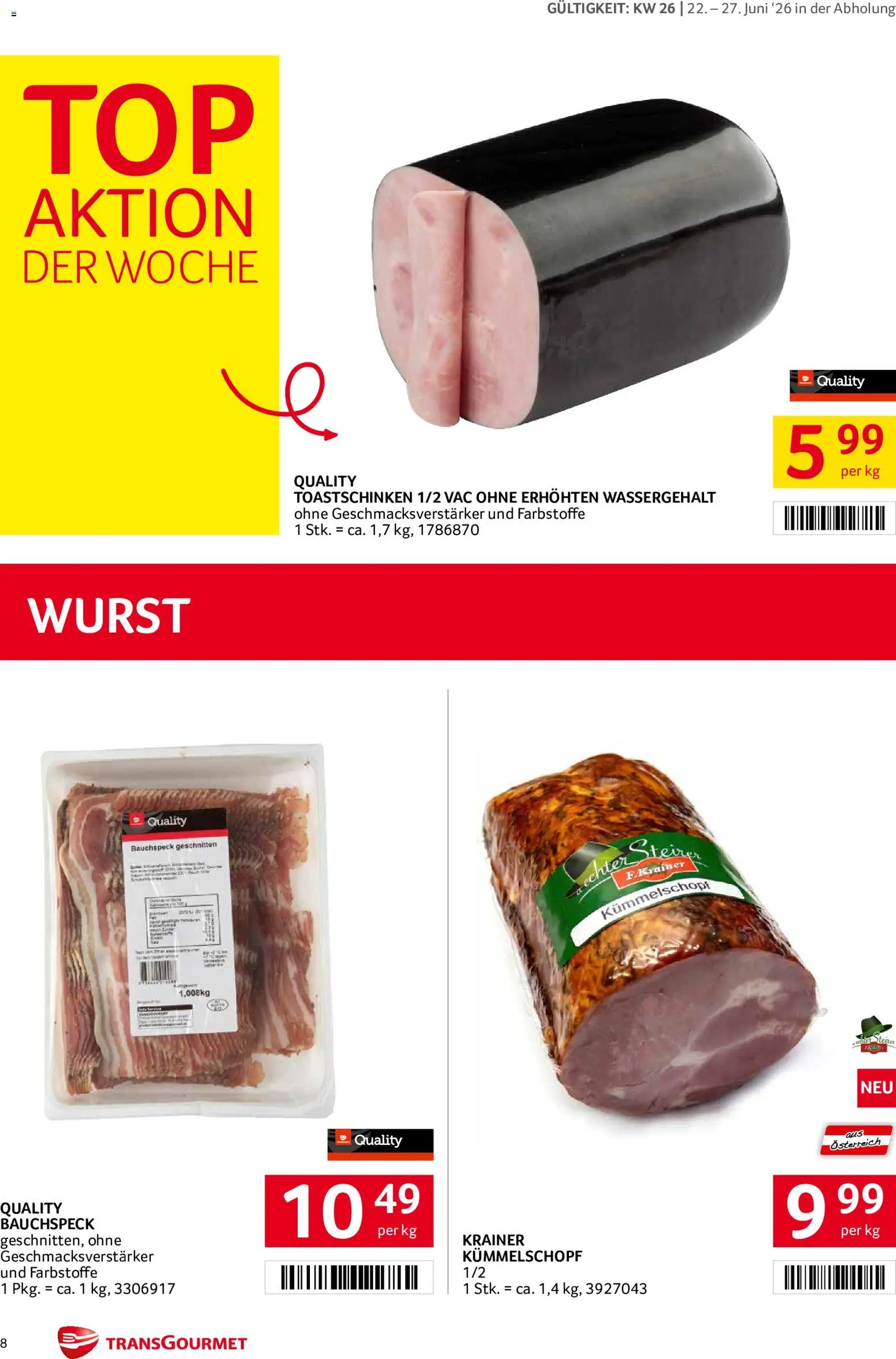 Transgourmet Flugblatt gültig ab 22.06.2026 | Seite: 8 | Produkte: Wurst