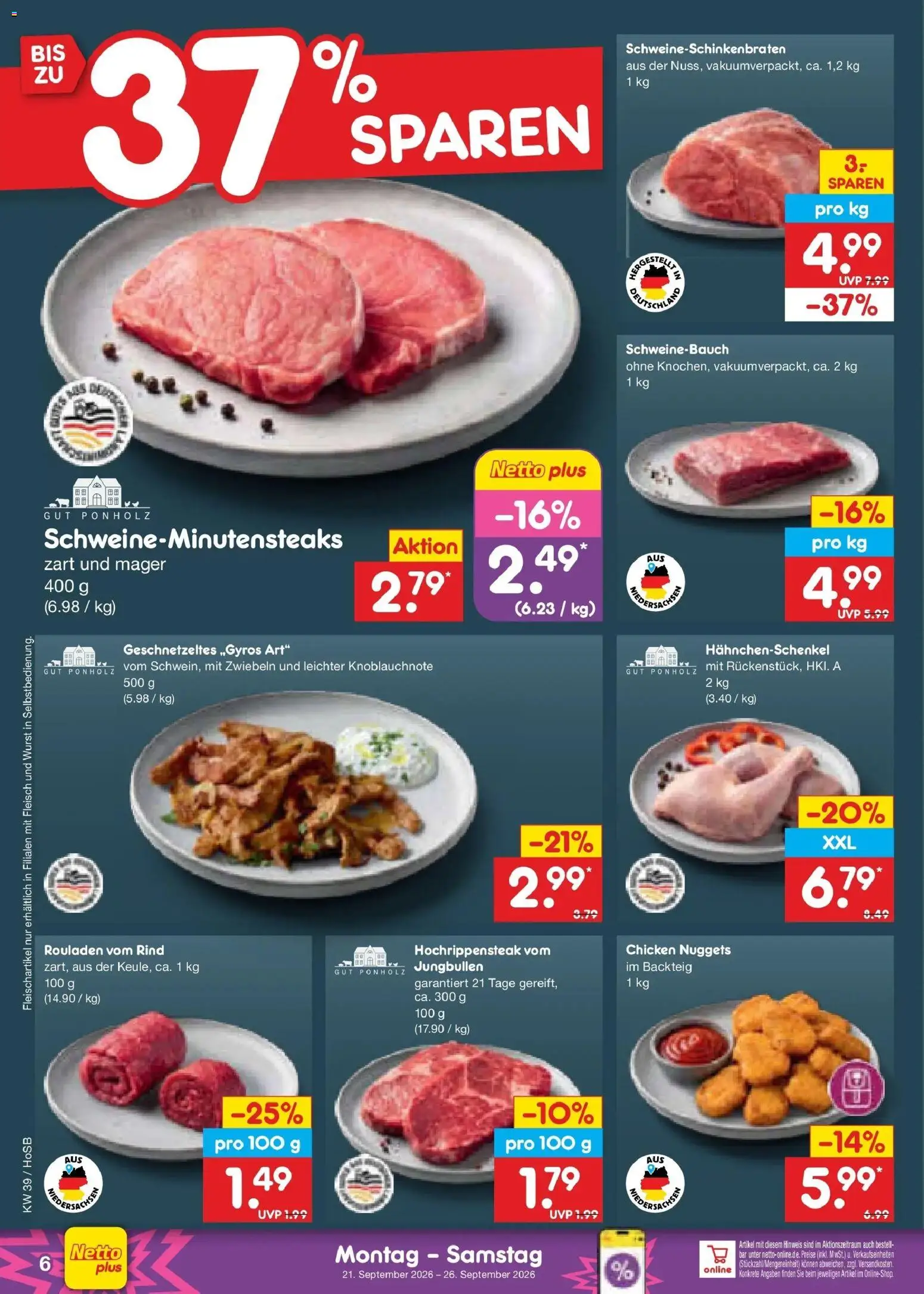 Netto Marken-Discount Prospekt Hannover – gültig ab 21.09.2026 | Seite: 10 | Produkte: Hahnchenschenkel, Schweinebauch, Zwiebeln, Wurst