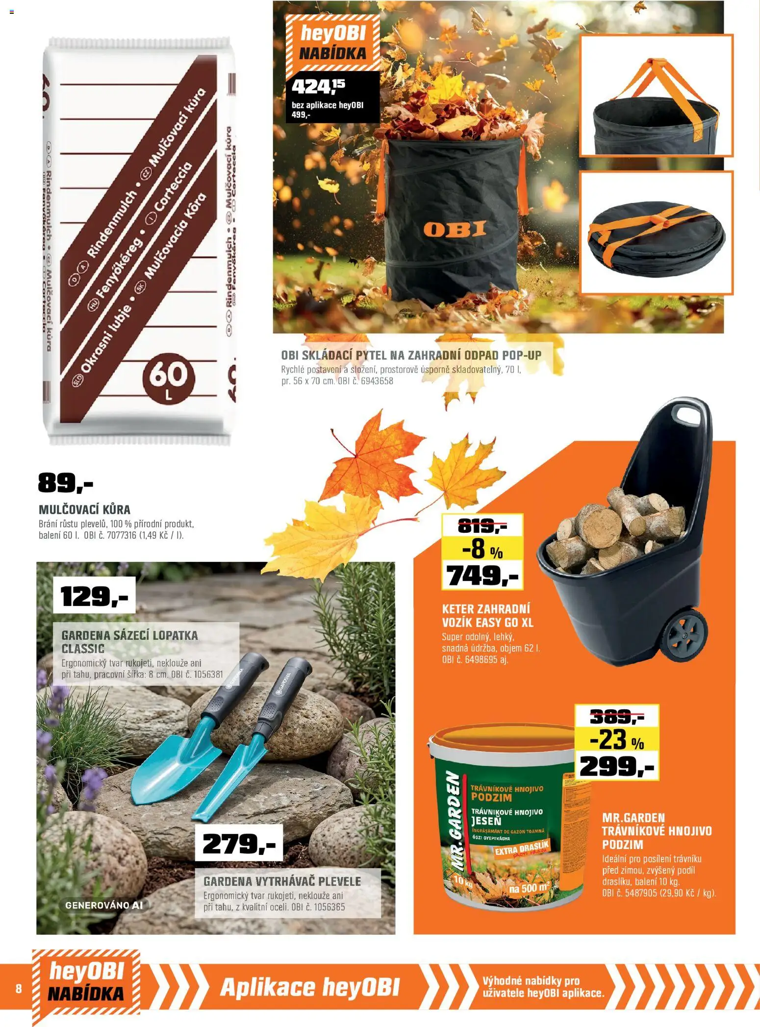 OBI leták od 01.09.2026 | Strana: 8 | Produkty: Trávníkové hnojivo, Lopatka, Pytel na zahradní odpad, Hnojivo