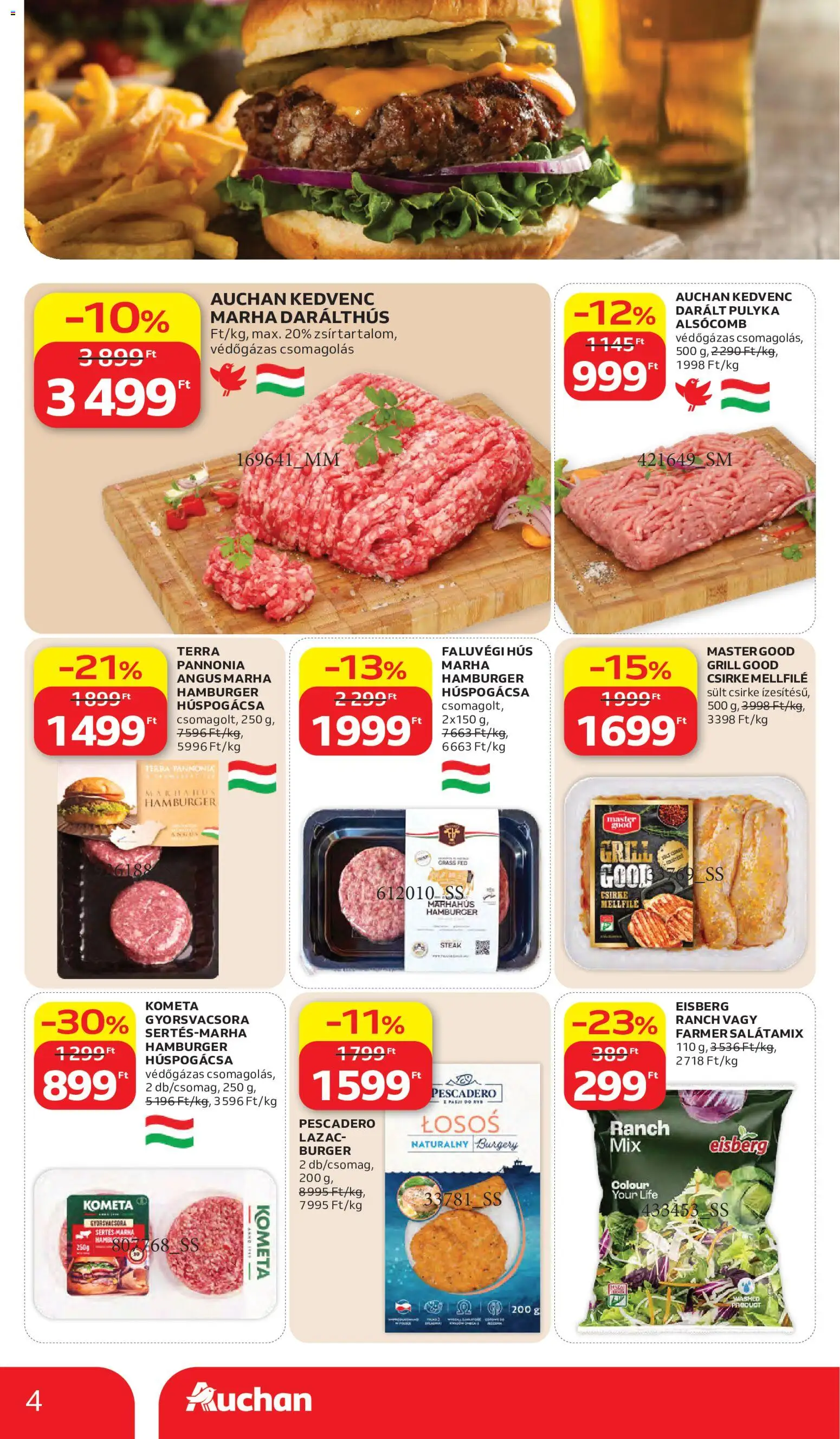 Auchan akciós ujság - amely érvényes a következő dátumtól: 28.05.2026 | Oldal: 4 | Termékek: Farmer, Hamburger, Grill, Marhahús
