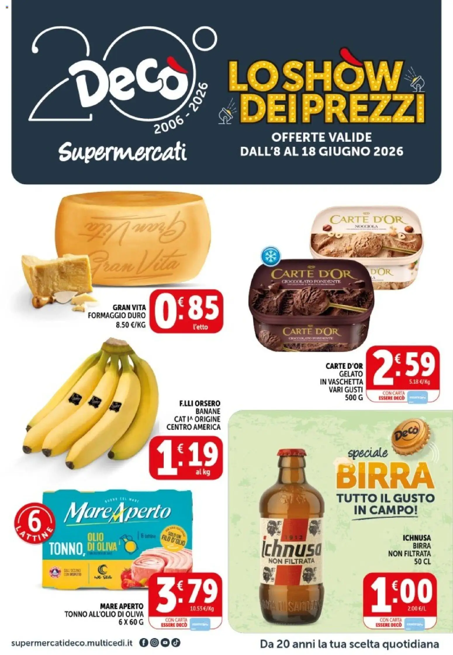 Volantino Decò del 08.06.2026 | Pagina: 1 | Prodotti: Birra, Gelato, Formaggio, Tonno