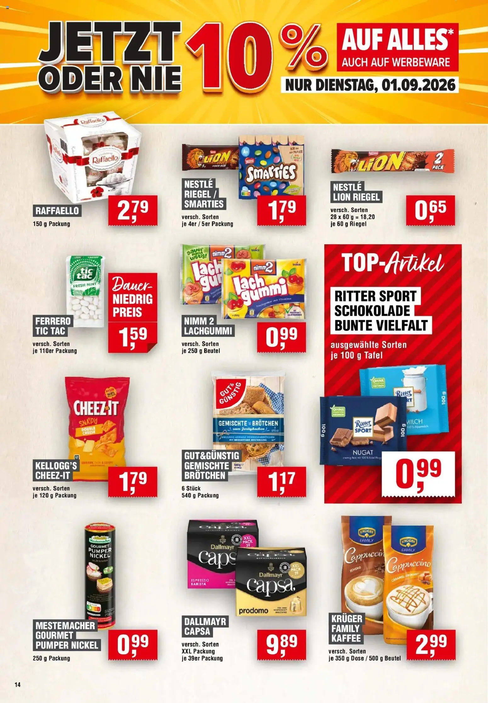 Edeka Prospekt Bochum – gültig ab 27.08.2026 | Seite: 14 | Produkte: Kaffee, Schokolade, Ritter sport, Kellogg's