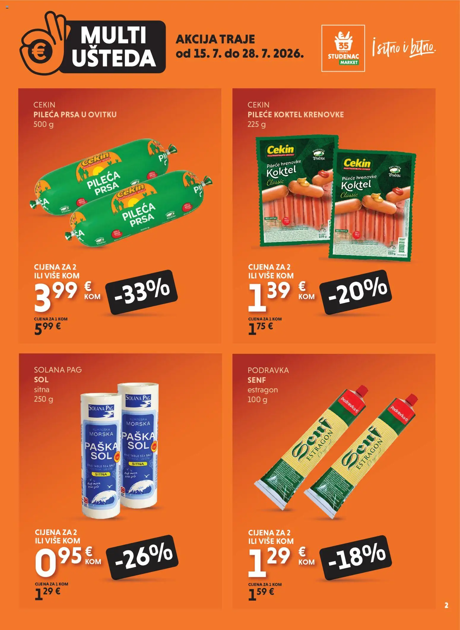 Studenac katalog | vrijedi od 15.07.2026 | Stranica: 2 | Proizvodi: Hrenovke, Podravka, Senf, Pileća prsa