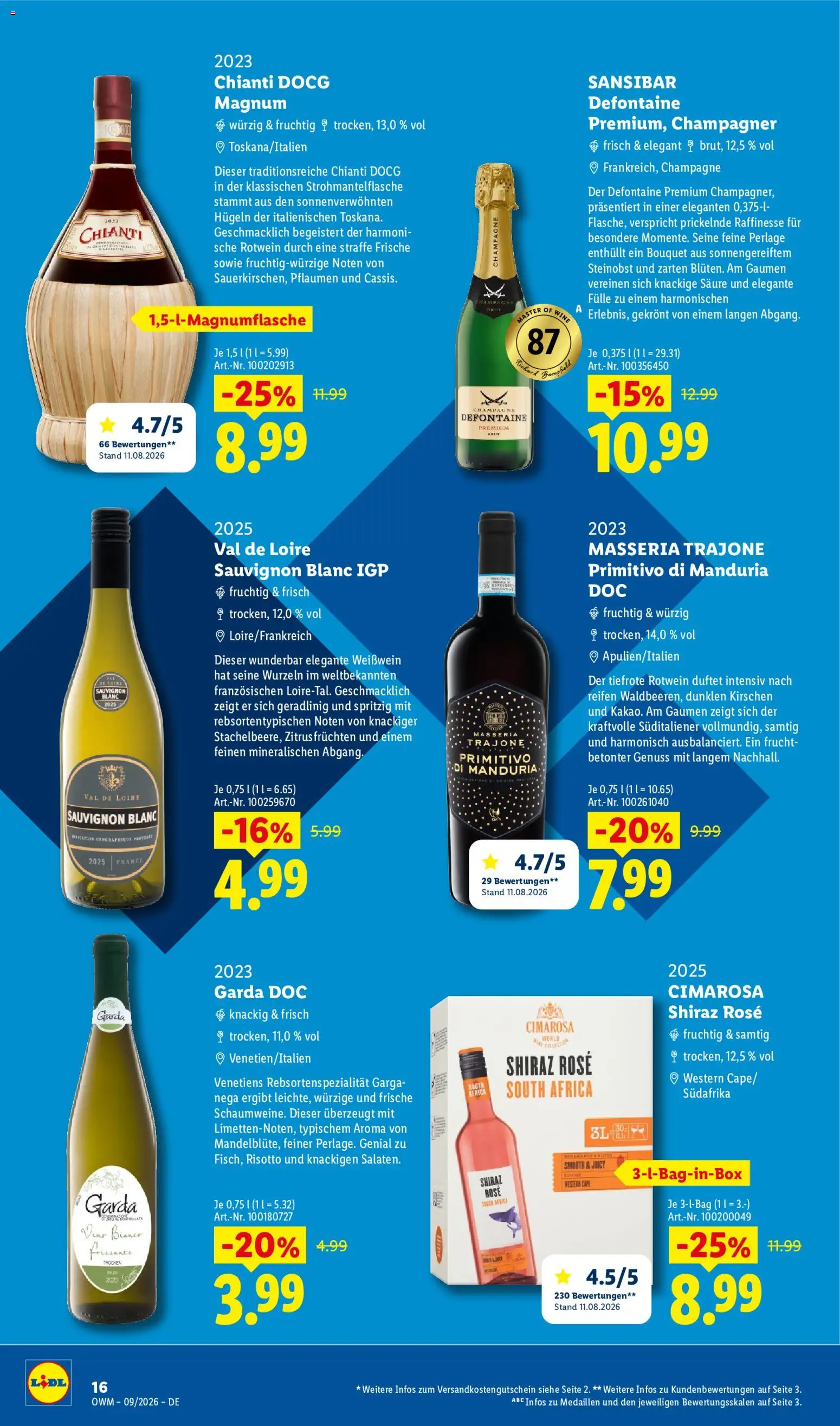 Lidl Německo leták - Wein & Spirituosen od 01.09.2026 | Strana: 16 | Produkty: Vál, Frizzante, Primitivo, Magnum