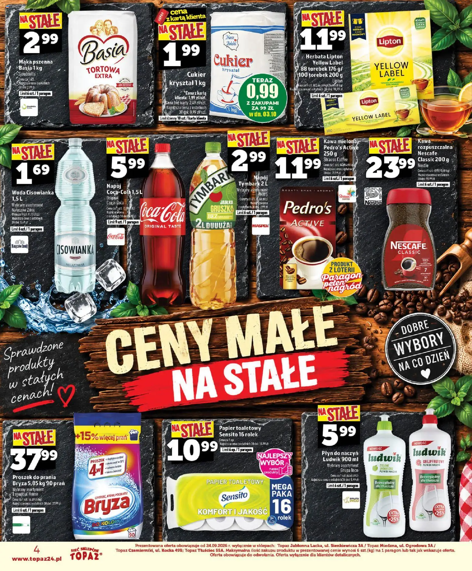 Topaz gazetka - Ceny małe na stałe od 01.10.2026 | Strona: 4 | Produkty: Papier toaletowy, Kawa, Proszek do prania, Cukier