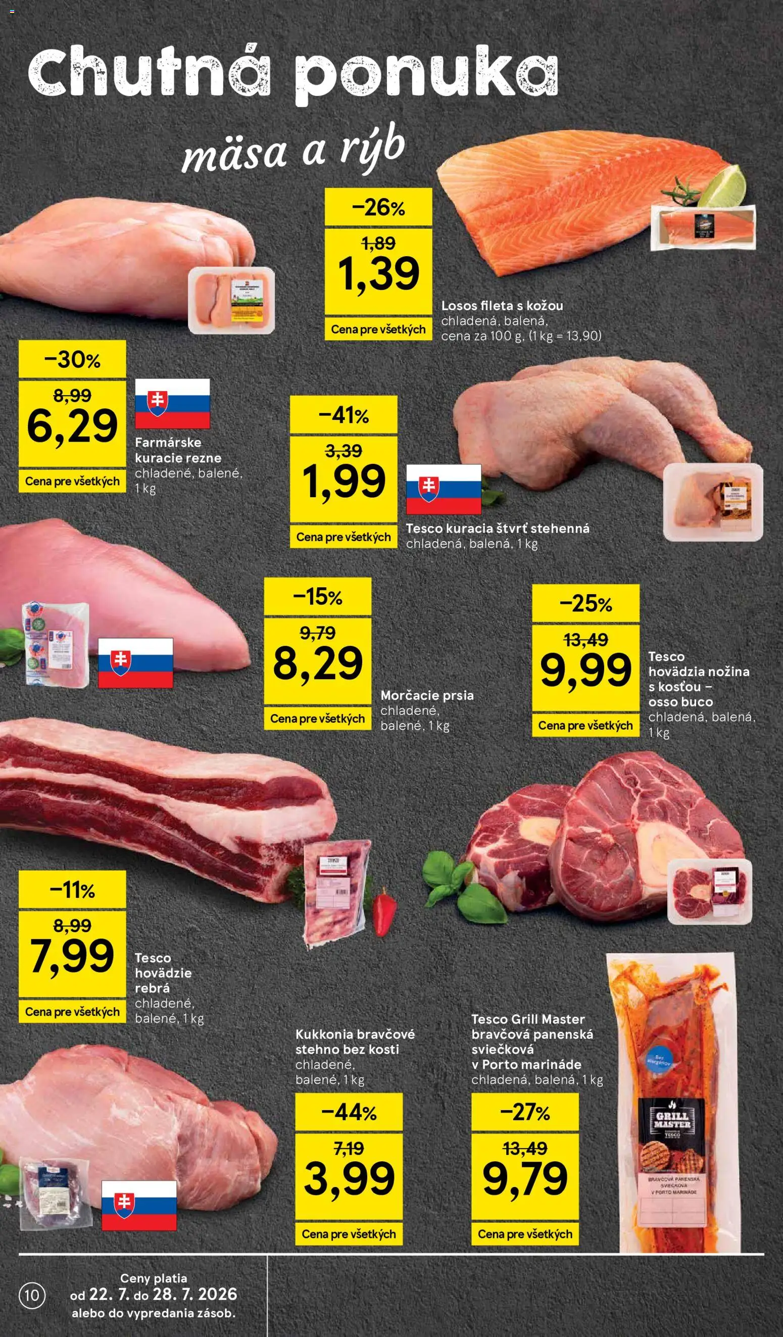 Nové Tesco akcie – leták je platný od 22.07.2026 | Strana: 10 | Produkty: Bravčové stehno, Kuracie rezne, Losos