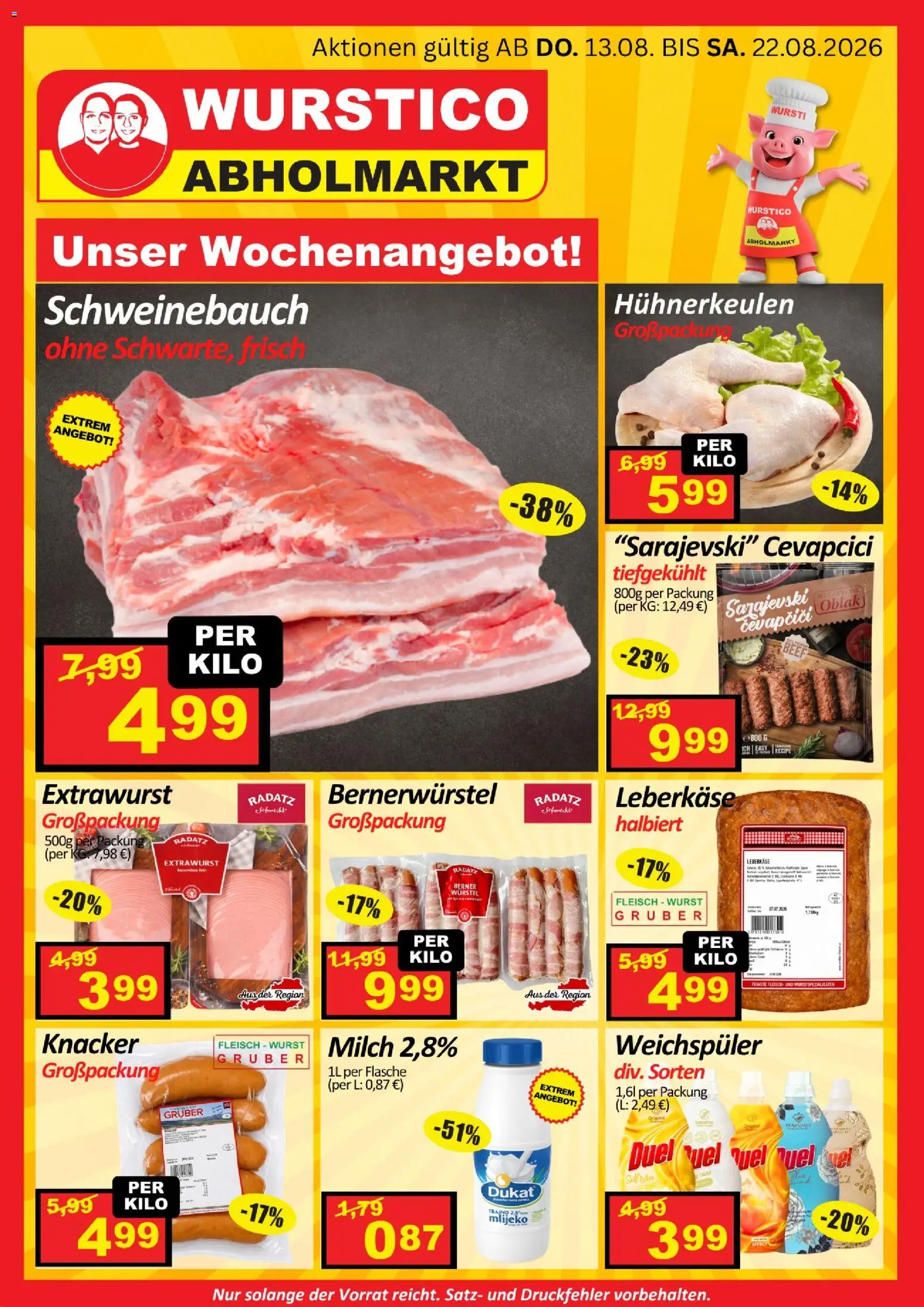 Wurstico Abholmarkt Flugblatt gültig ab 20.08.2026 | Seite: 4 | Produkte: Wurst, Milch, Weichspüler