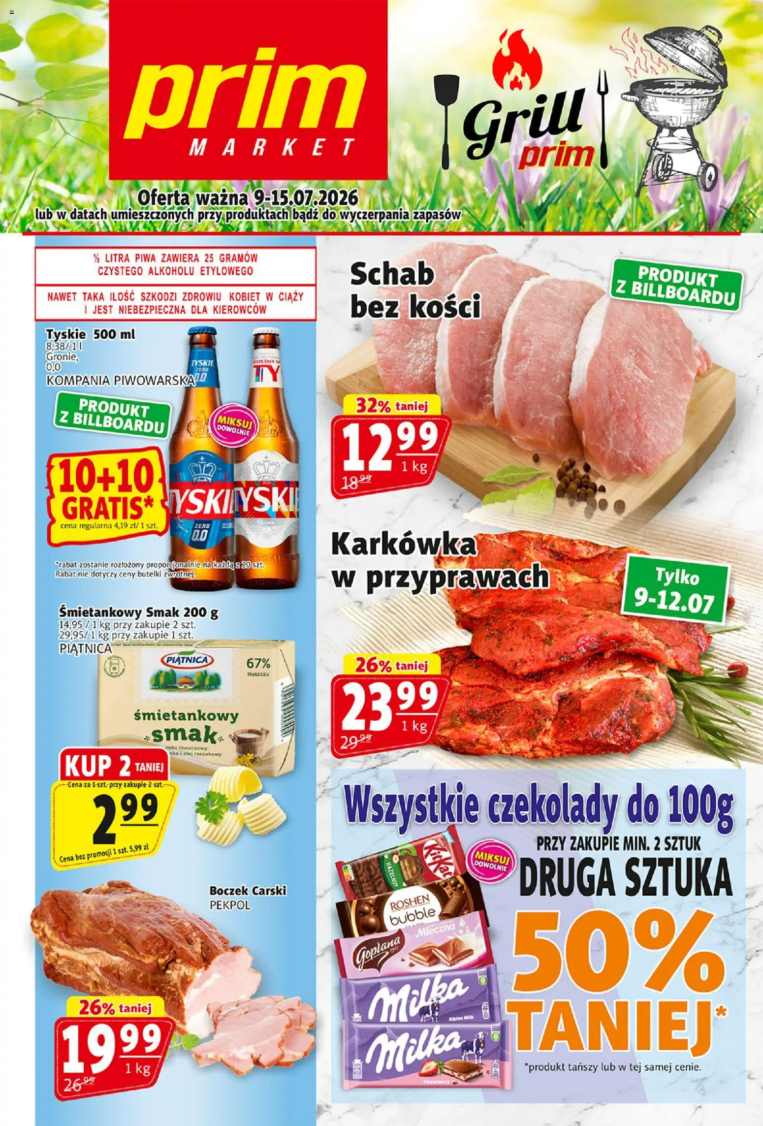 Prim Market gazetka od 09.07.2026 | Strona: 1 | Produkty: Czekolady, Olej rzepakowy, Grill, Tyskie