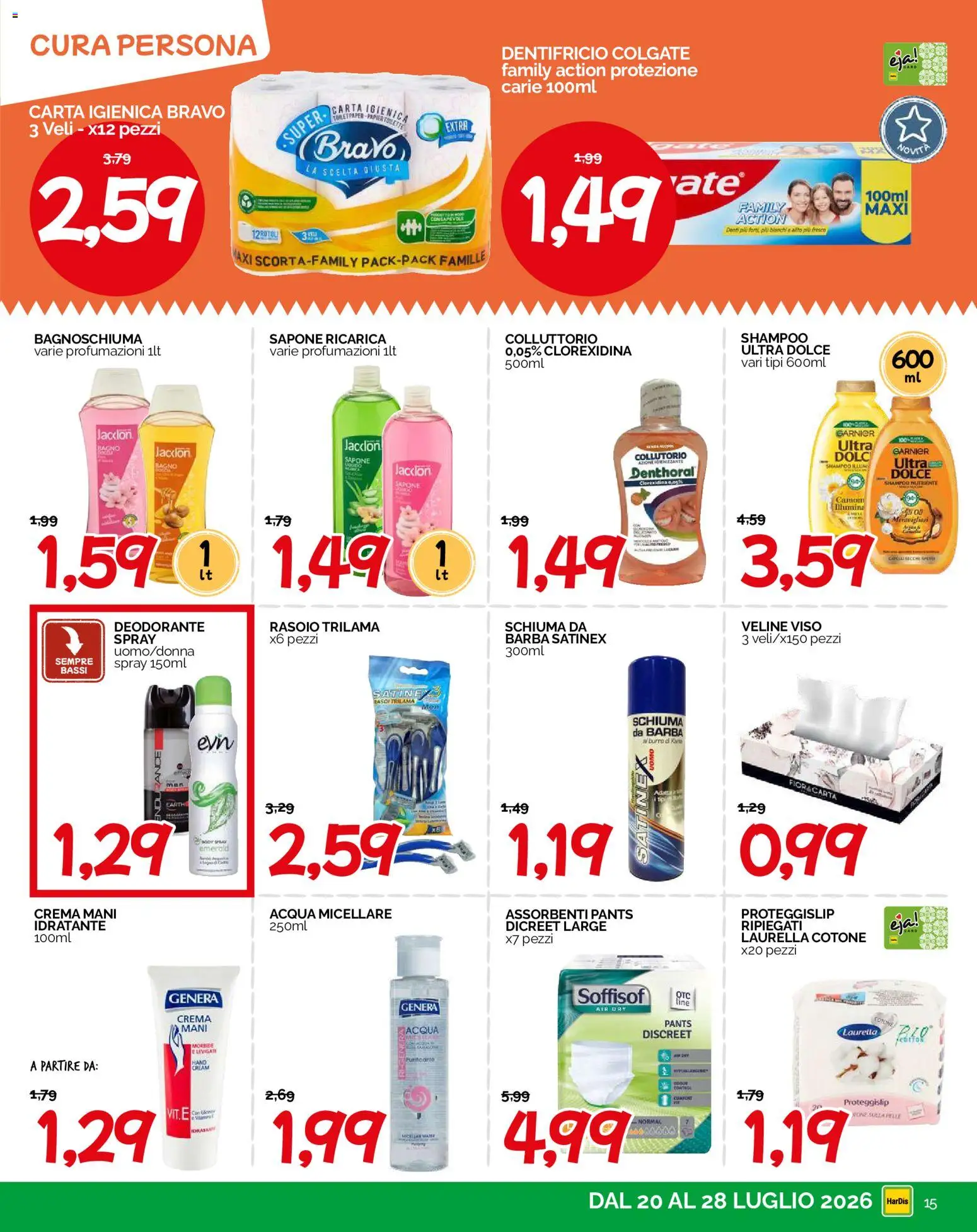 Volantino HarDis del 20/07/2026 | Pagina: 15 | Prodotti: Rasoio, Sapone, Bagnoschiuma, Veline