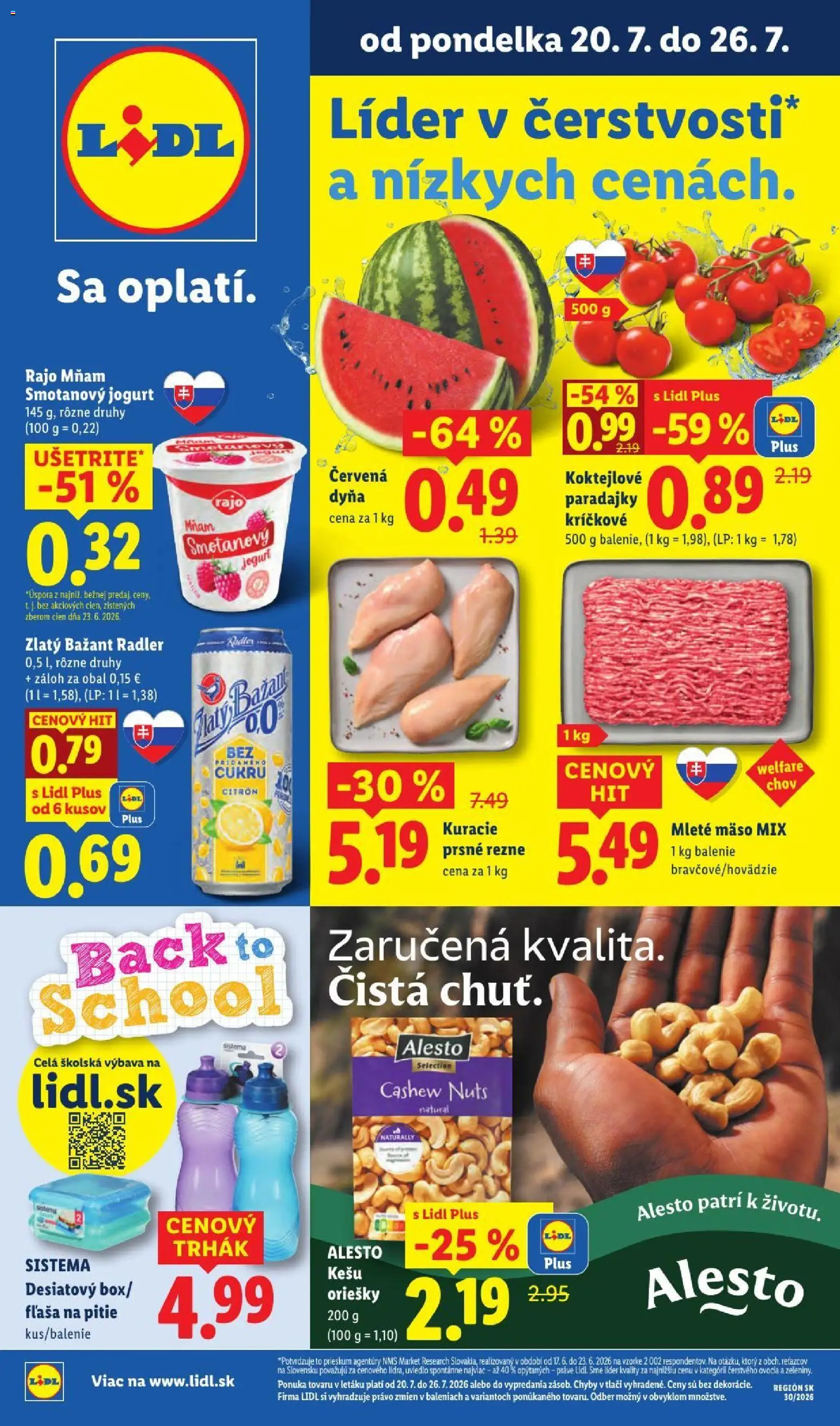 Nové Lidl akcie – leták je platný od 20.07.2026 | Strana: 1 | Produkty: Paradajky, Radler, Oriešky, Mleté mäso