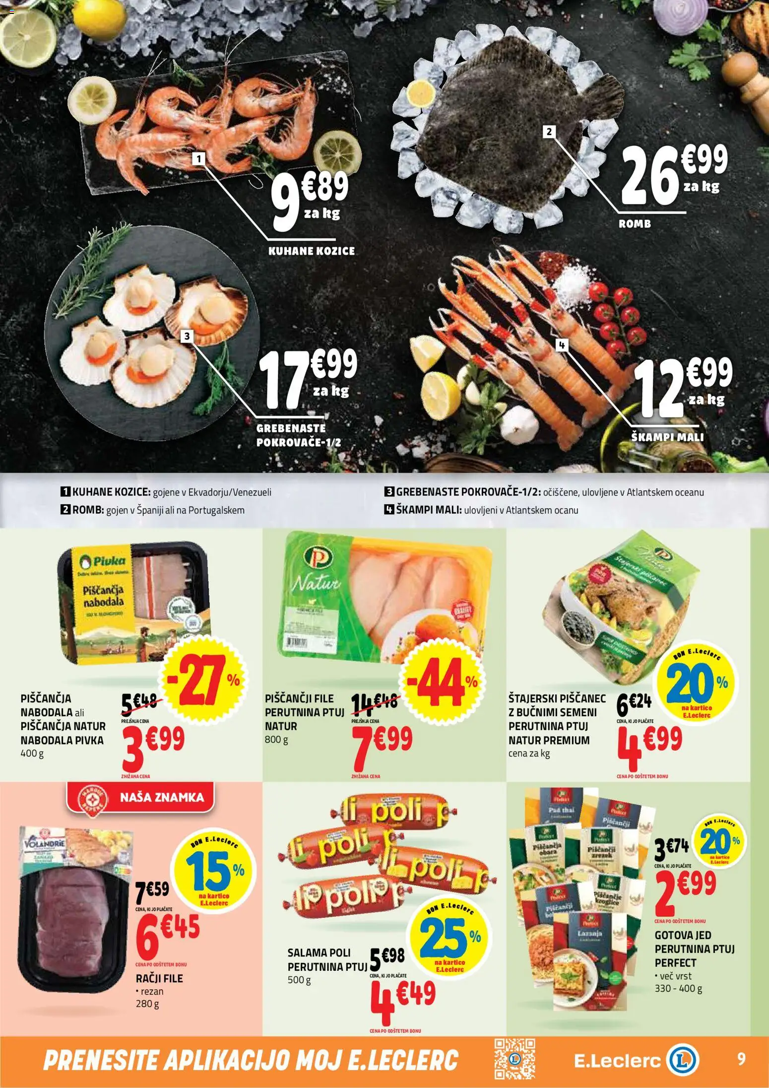 Novi E.leclerc katalog ponudbe – veljaven od 01.07.2026 | Stran: 9 | Izdelki: Kozice, Nabodala, Salama