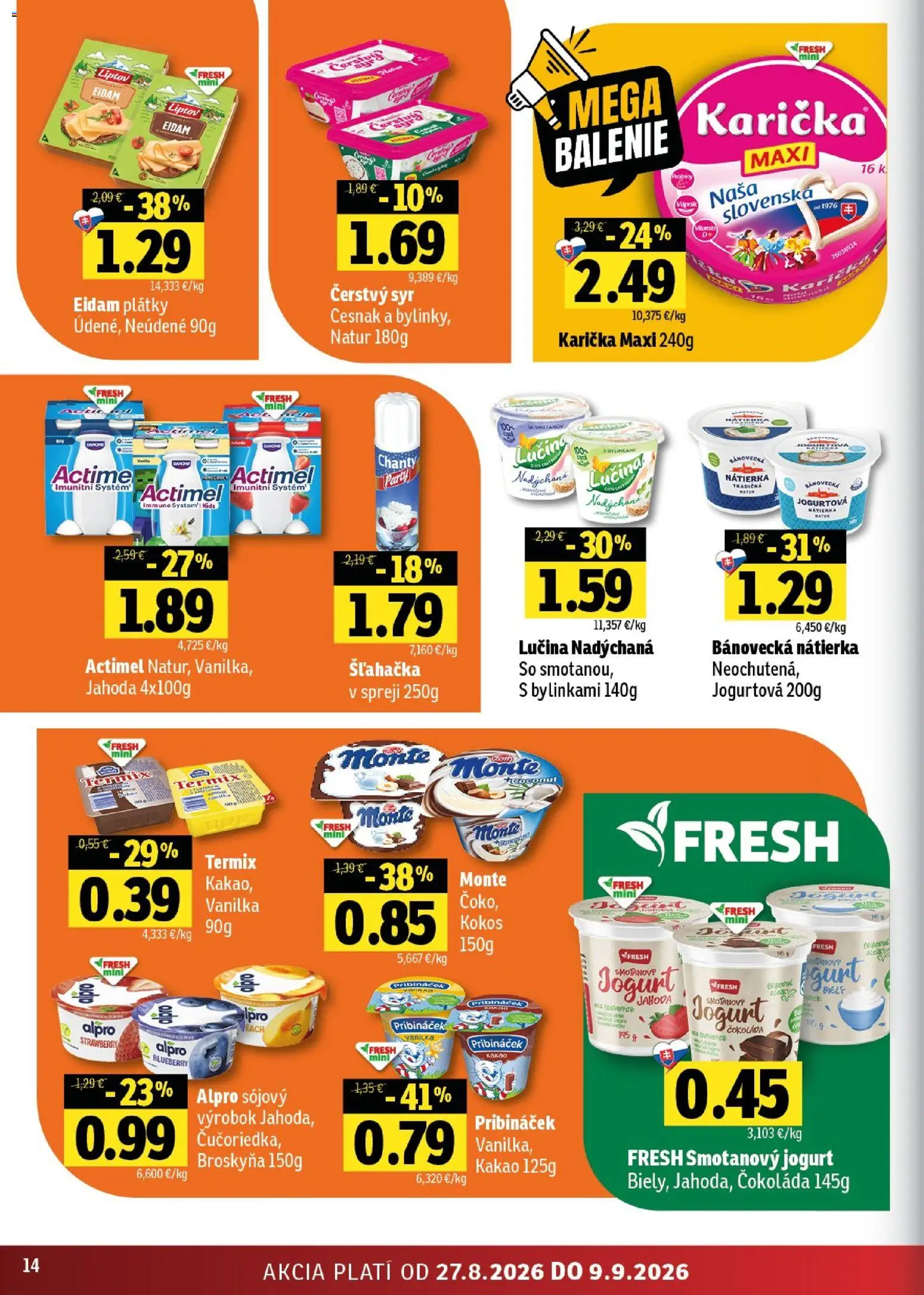 Nové Fresh akcie – leták je platný od 27.08.2026 | Strana: 14 | Produkty: Eidam, Nátierka, Cesnak, Kakao