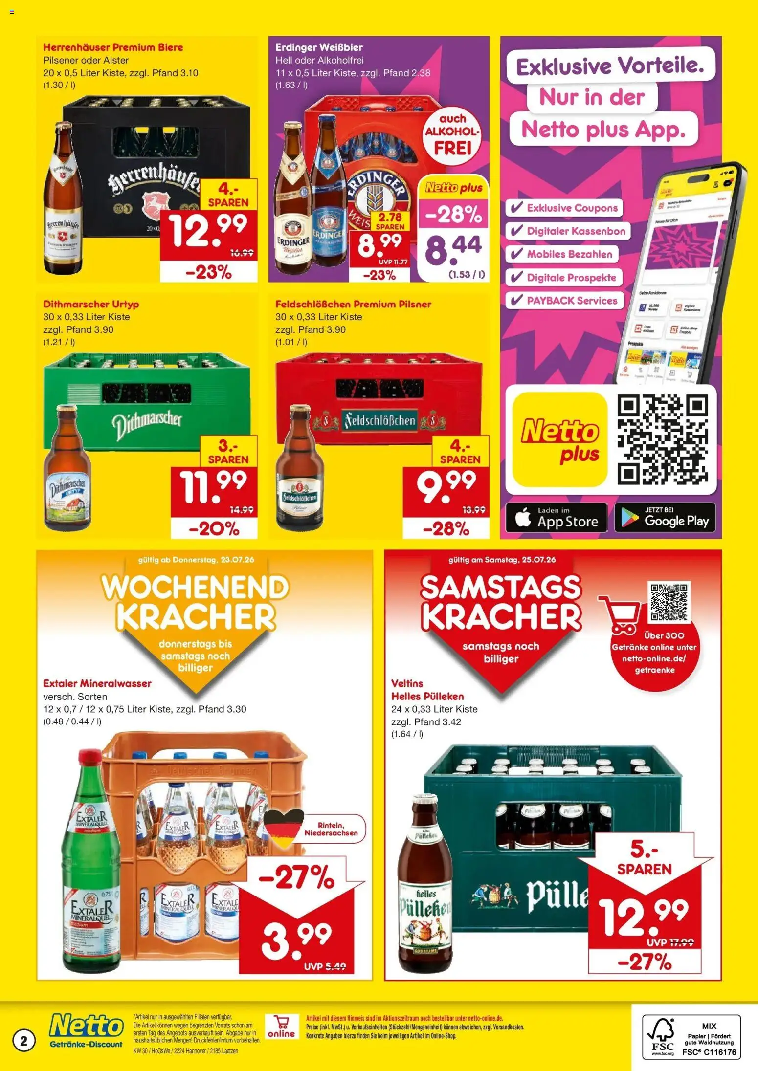 Netto Marken-Discount Prospekt Laatzen – gültig ab 20.07.2026 | Seite: 2 | Produkte: Helles pulleken, Erdinger, Mineralwasser, Veltins