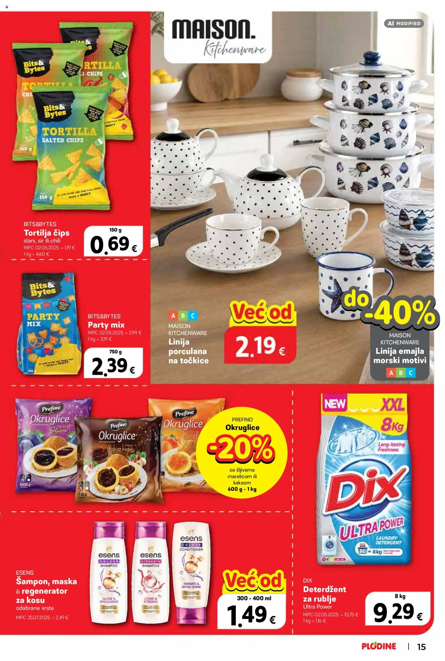 Plodine katalog | vrijedi od 19.08.2026 | Stranica: 15 | Proizvodi: Chips, Regenerator za kosu, Deterdžent za rublje, Tortilja čips