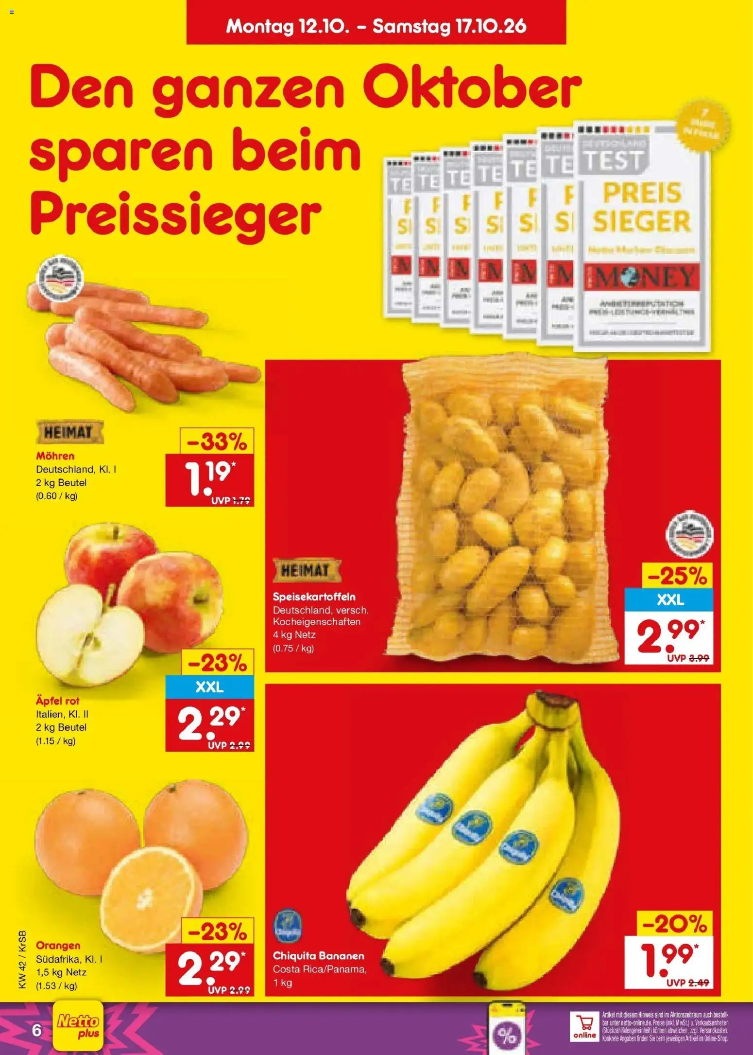Netto Marken-Discount Prospekt Baesweiler (ab 12.10.2026) » Angebote | Seite: 6 | Produkte: Äpfel, Bananen, Orangen, Mohren
