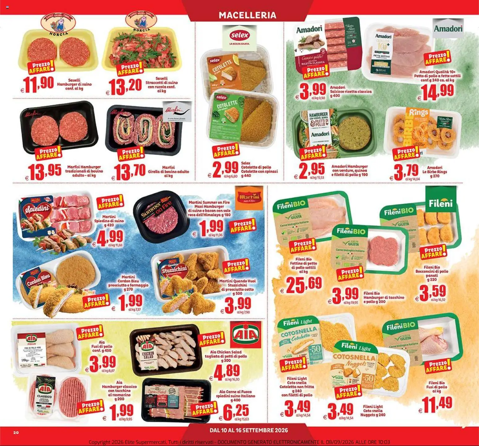 Volantino Elite Supermercati del 10/09/2026 | Pagina: 20 | Prodotti: Pollo, Prosciutto, Spinaci, Hamburger