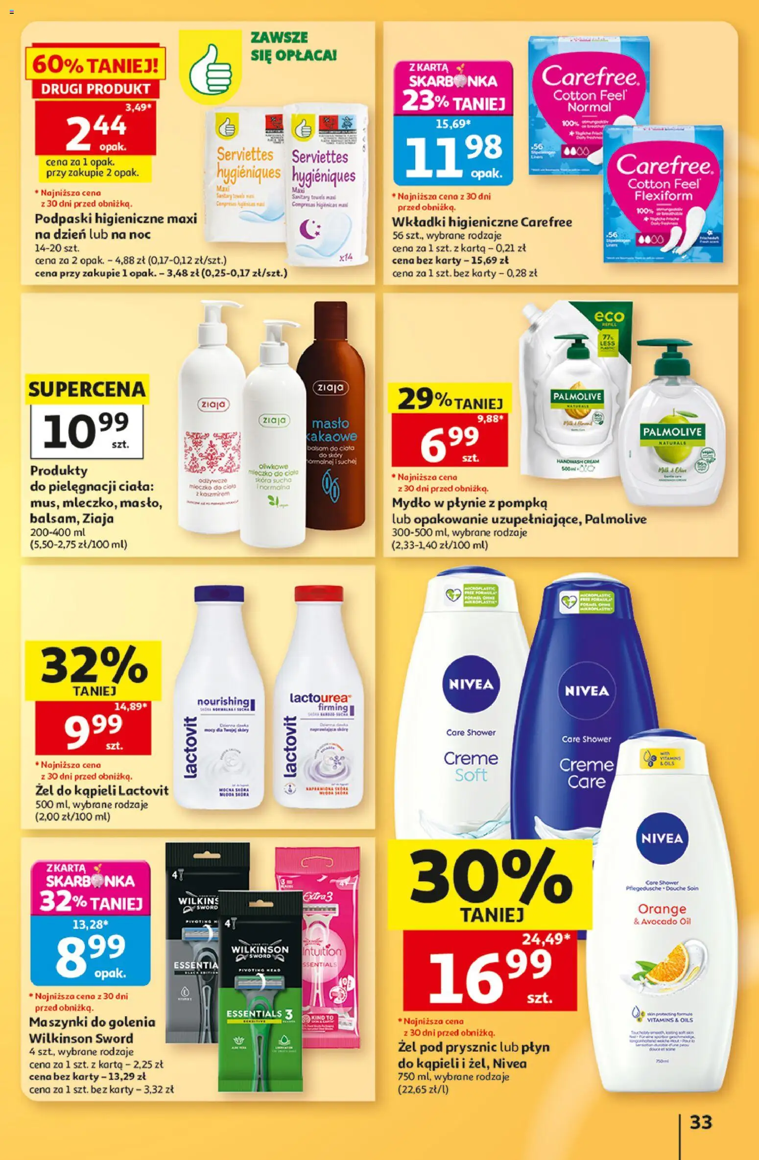 Auchan gazetka - 30 Lat Hipermarket od 03.09.2026 | Strona: 33 | Produkty: Podpaski, Prysznic, Maszynki do golenia, Masło