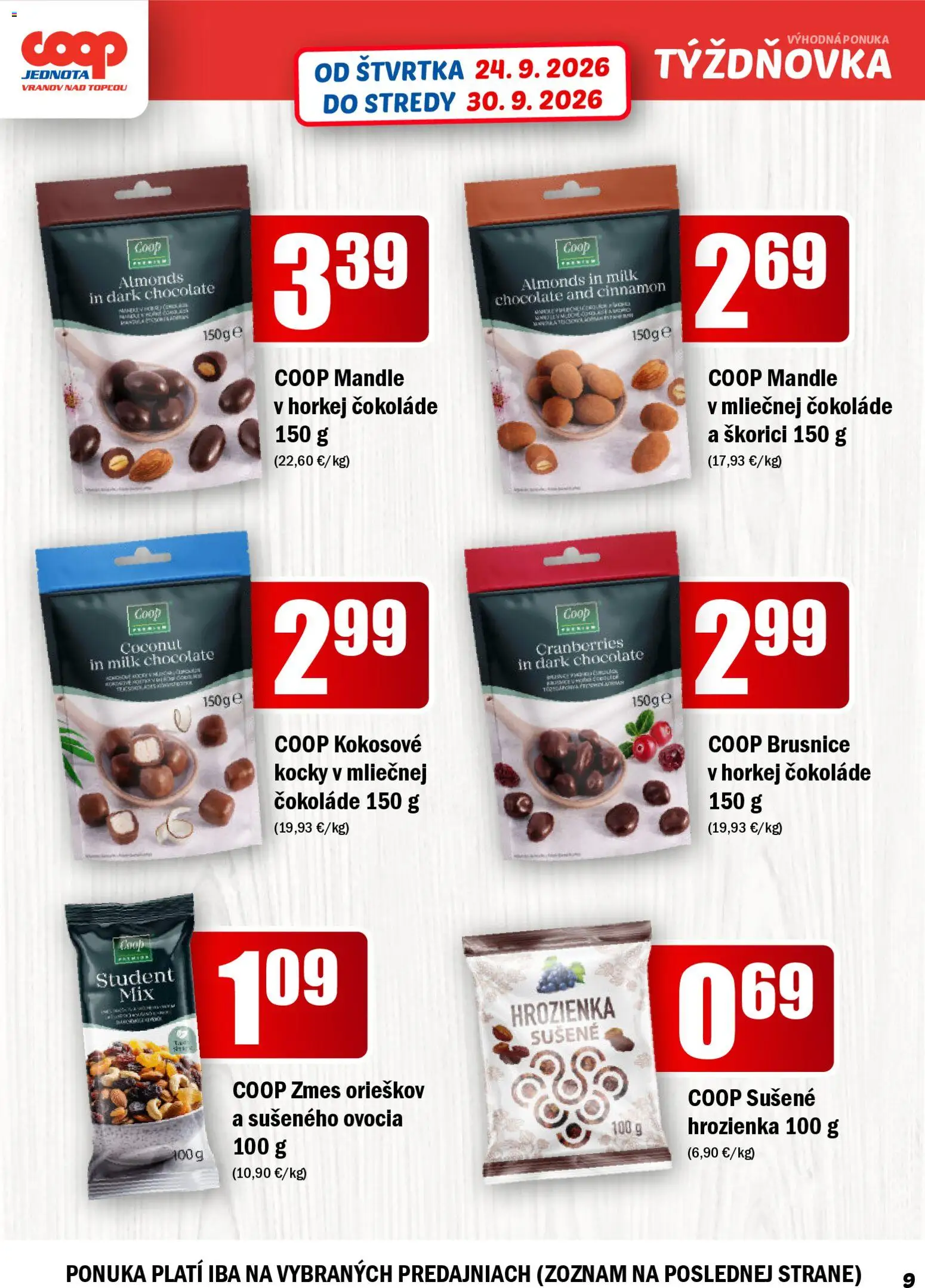 Nové COOP Jednota akcie – leták je platný od 24.09.2026 | Strana: 9 | Produkty: Hrozienka, Brusnice, Mandle