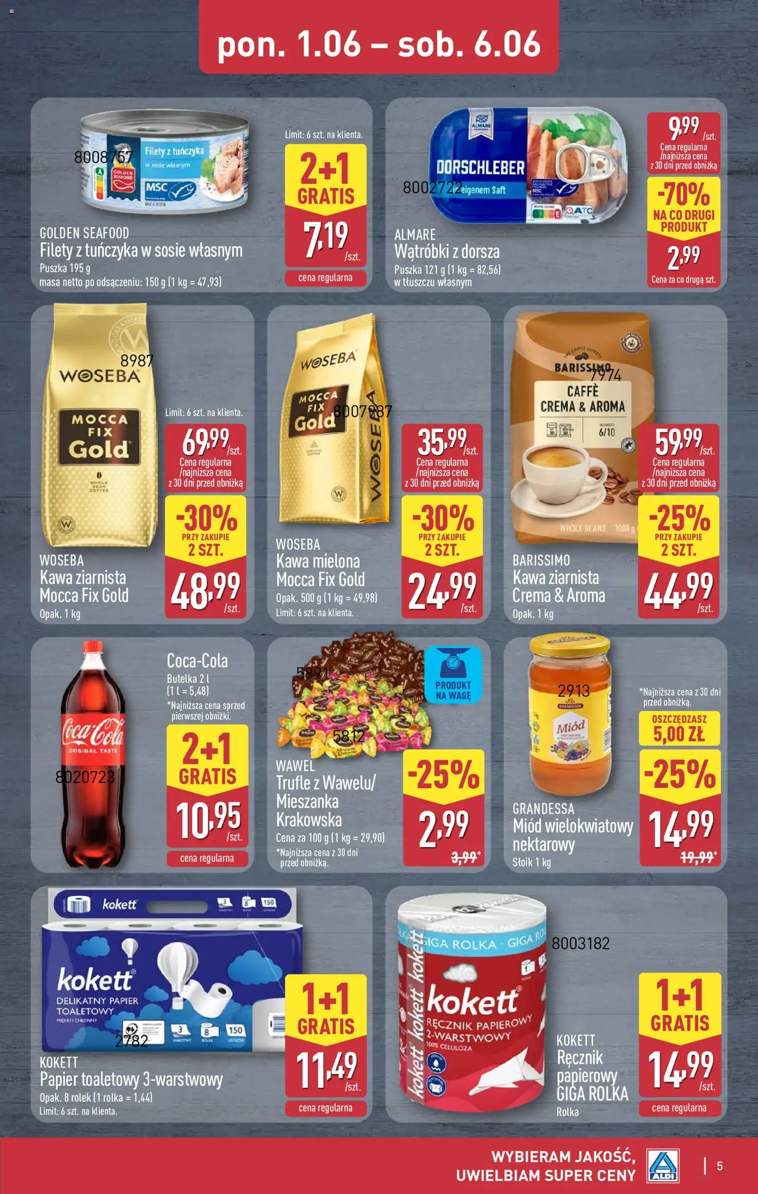 Aldi gazetka - Oferta weekendowa od 04.06.2026 | Strona: 5 | Produkty: Miód, Papier toaletowy, Kawa ziarnista, Kawa