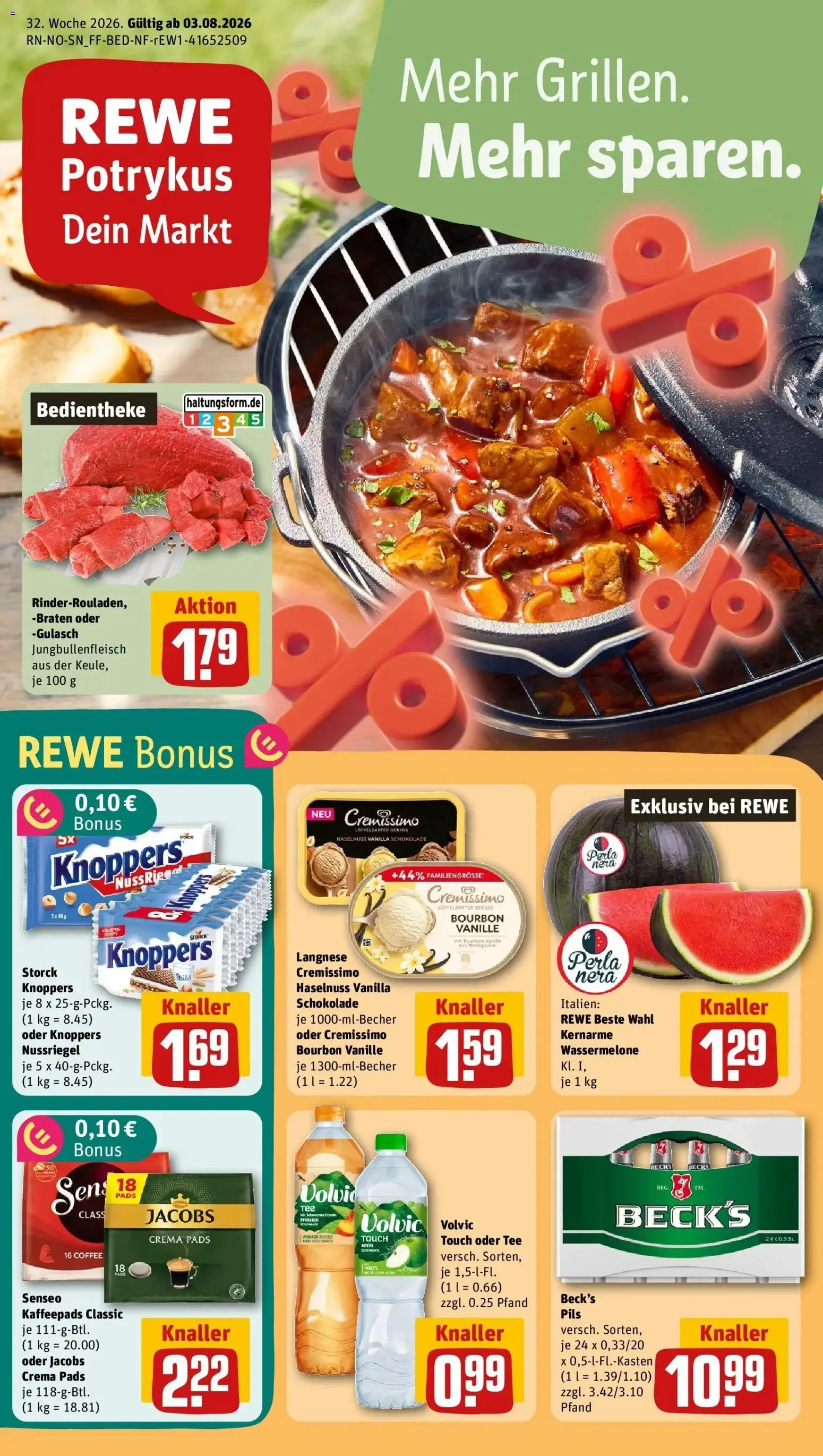 REWE Prospekt ab 03.08.2026 zum Blättern » Angebote | Seite: 1 | Produkte: Kaffeepads, Pils, Äpfel, Bourbon