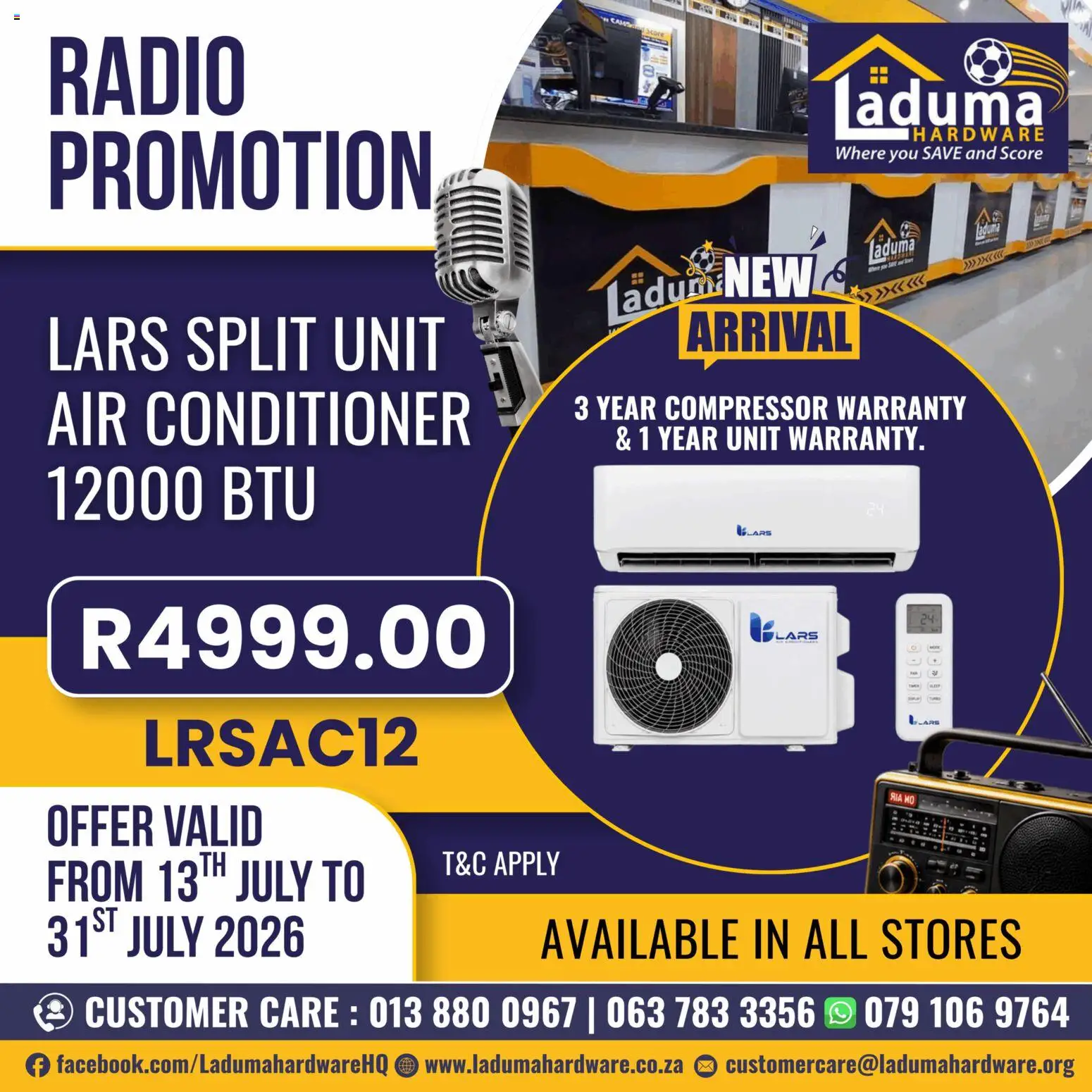 New Laduma Hardware catalogue – valid from 13/07/2026 | Page: 3 | Products: Radio, Air conditioner, Compressor, Conditioner
