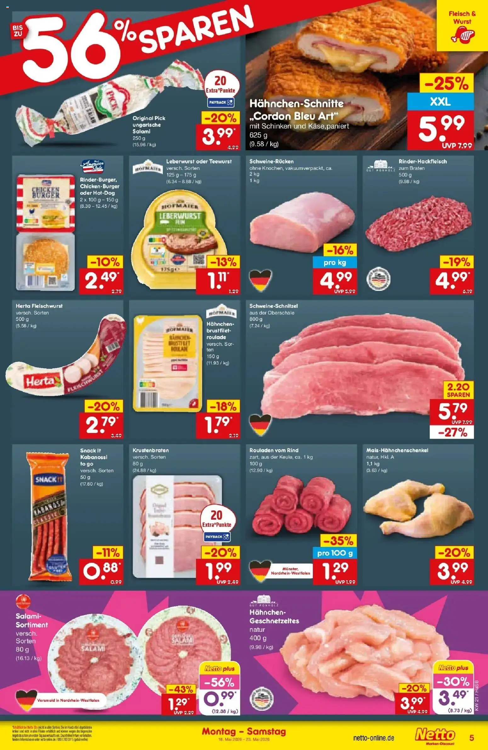 Netto Marken-Discount Prospekt Wuppertal	 – gültig ab 17.05.2026 | Seite: 5 | Produkte: Herta fleischwurst, Burger, Schweinerucken, Salami