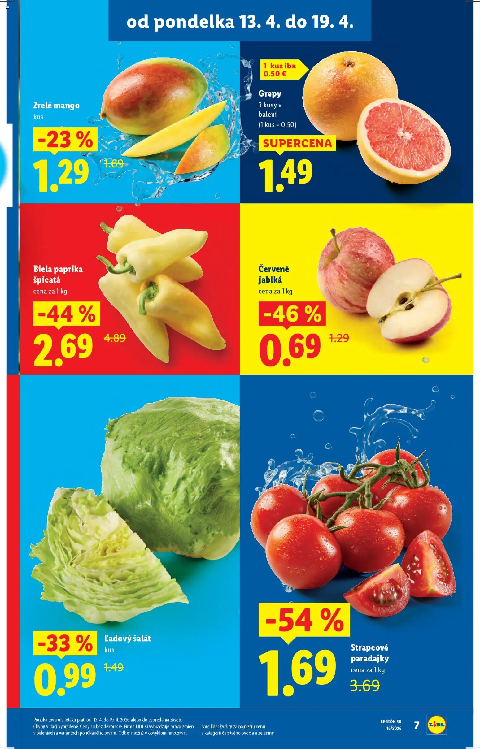 Nové Lidl akcie – leták je platný od 13.04.2026 | Strana: 7 | Produkty: Paprika, Paradajky, Šalát, Mango