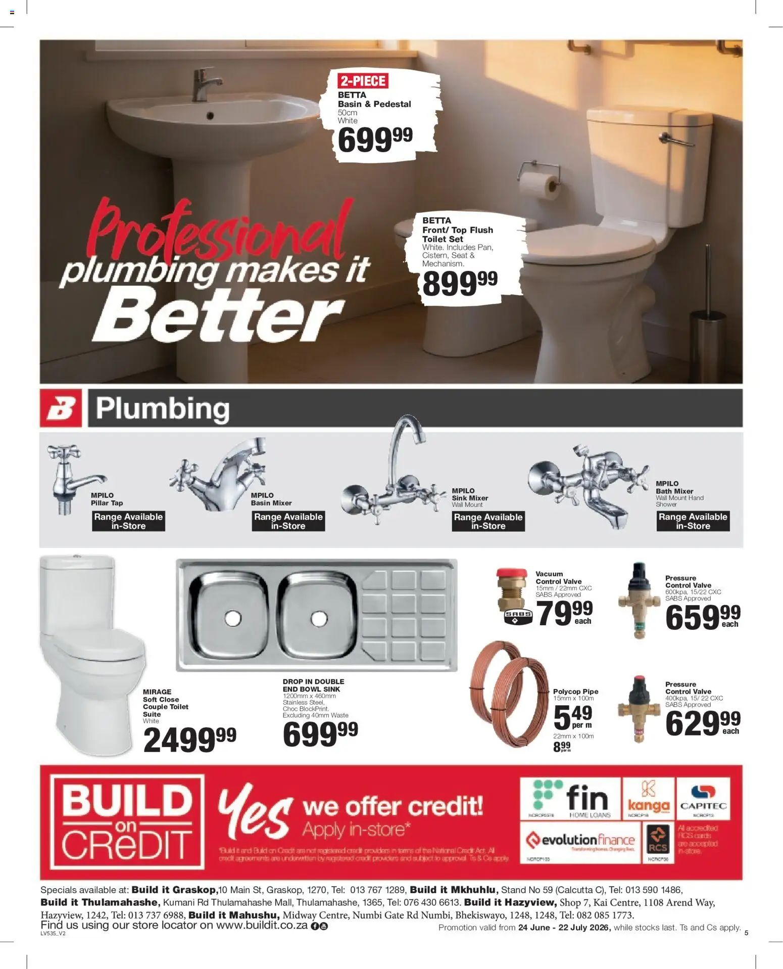 New Build It catalogue – valid from 24/06/2026 | Page: 5 | Products: Toilet, Shower, Tap, Pipe