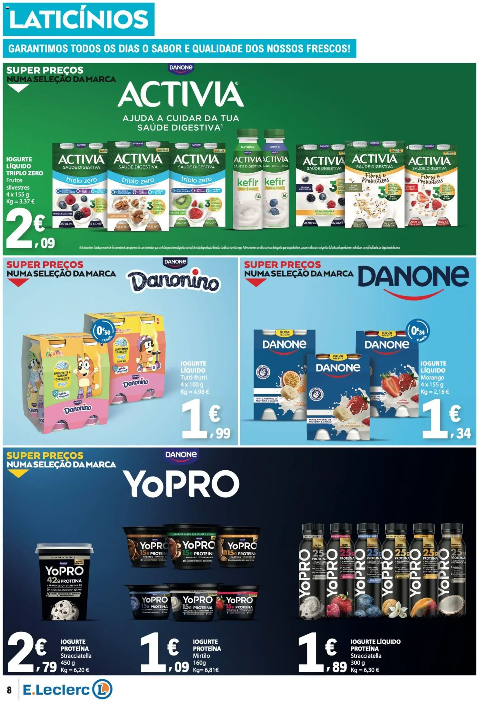 E.Leclerc folheto │ válido de 09/07/2026 | Página: 8 | Produtos: Activia triplo zero, Iogurte, Iogurte liquido, Proteina