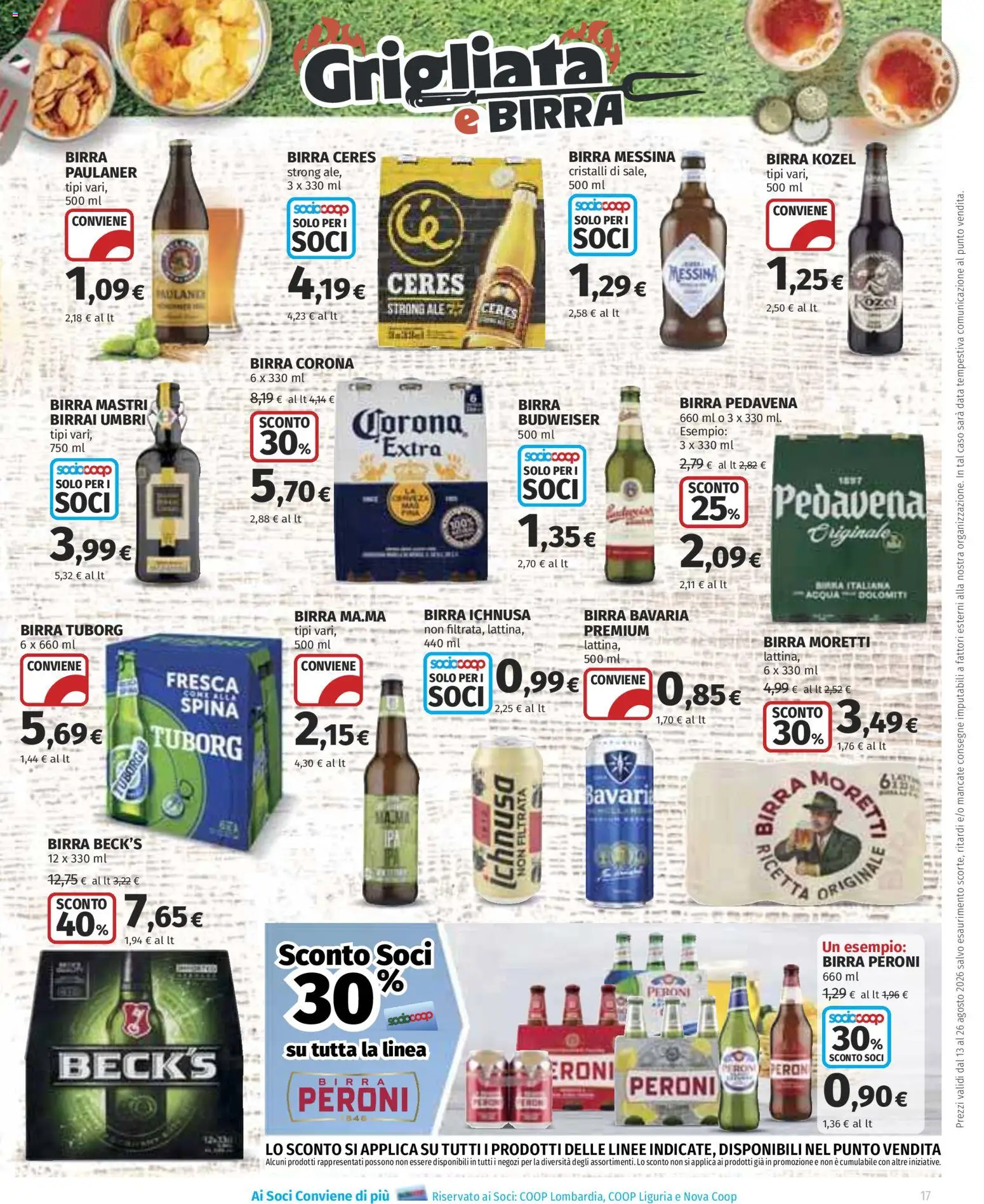 Volantino Ipercoop del 13/08/2026 | Pagina: 17 | Prodotti: Birra Kozel, Birra, Acqua, Birra Peroni