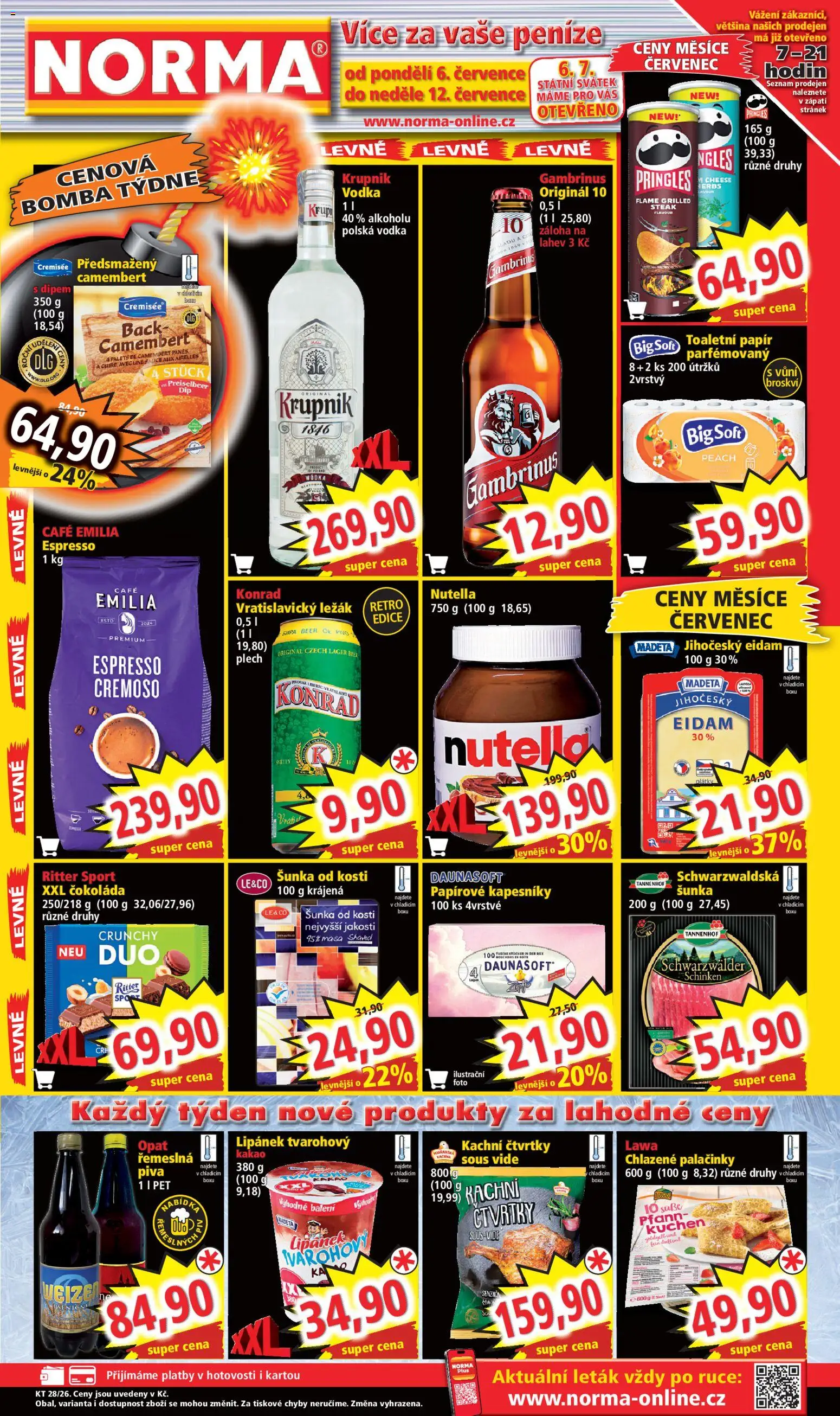 Norma leták od 06.07.2026 | Strana: 1 | Produkty: Pivo, Ritter Sport, Palačinky, Kakao