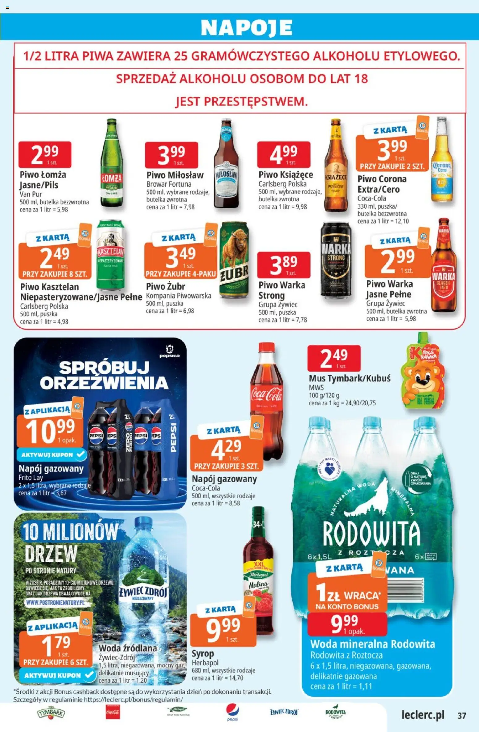 E.Leclerc gazetka od 20.10.2026 | Strona: 37 | Produkty: Woda źródlana, Piwo książęce, Coca cola, Warka